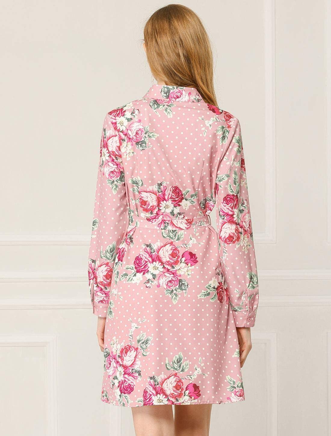 imageAllegra K Womens Button Down Vintage Polka Dots Dresses Collar Tie Belted Floral Shirt DressPink