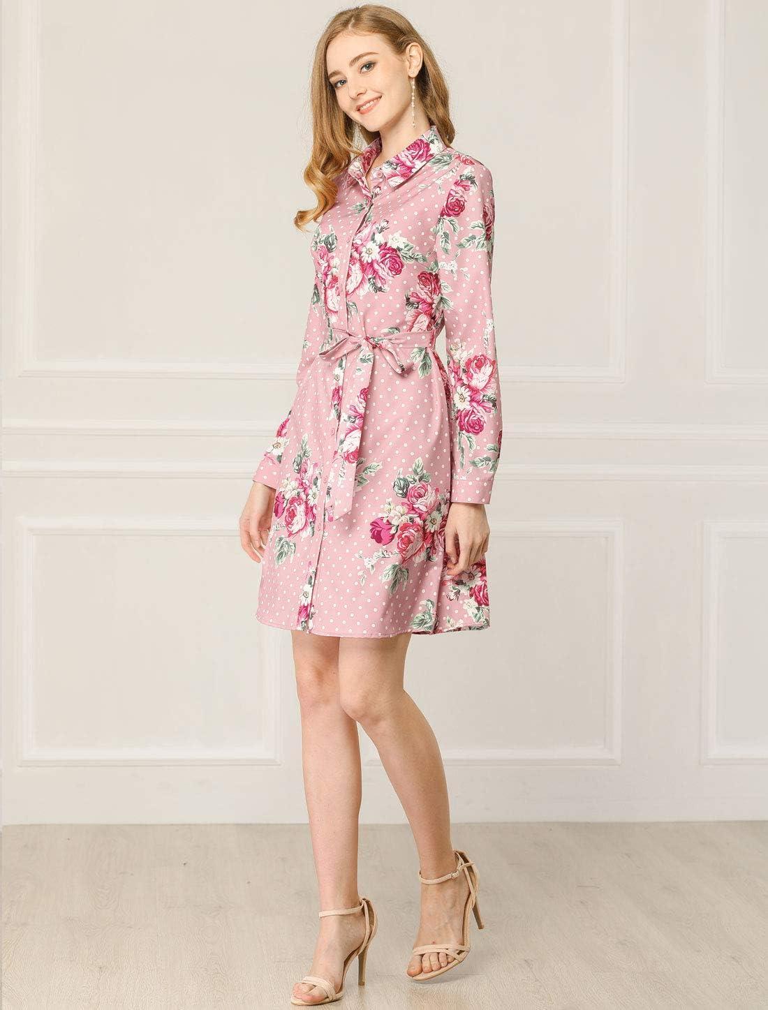 imageAllegra K Womens Button Down Vintage Polka Dots Dresses Collar Tie Belted Floral Shirt DressPink