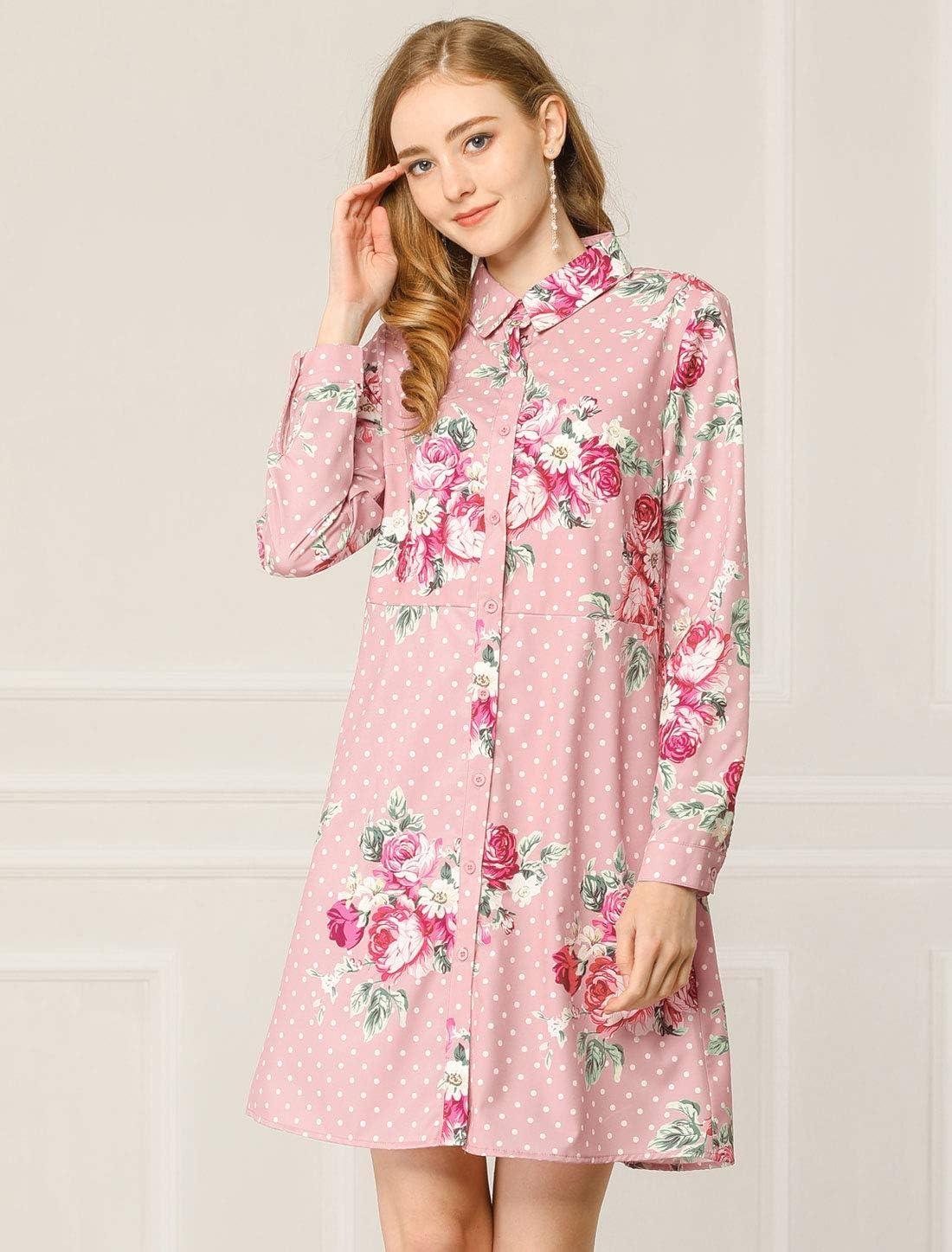 imageAllegra K Womens Button Down Vintage Polka Dots Dresses Collar Tie Belted Floral Shirt DressPink