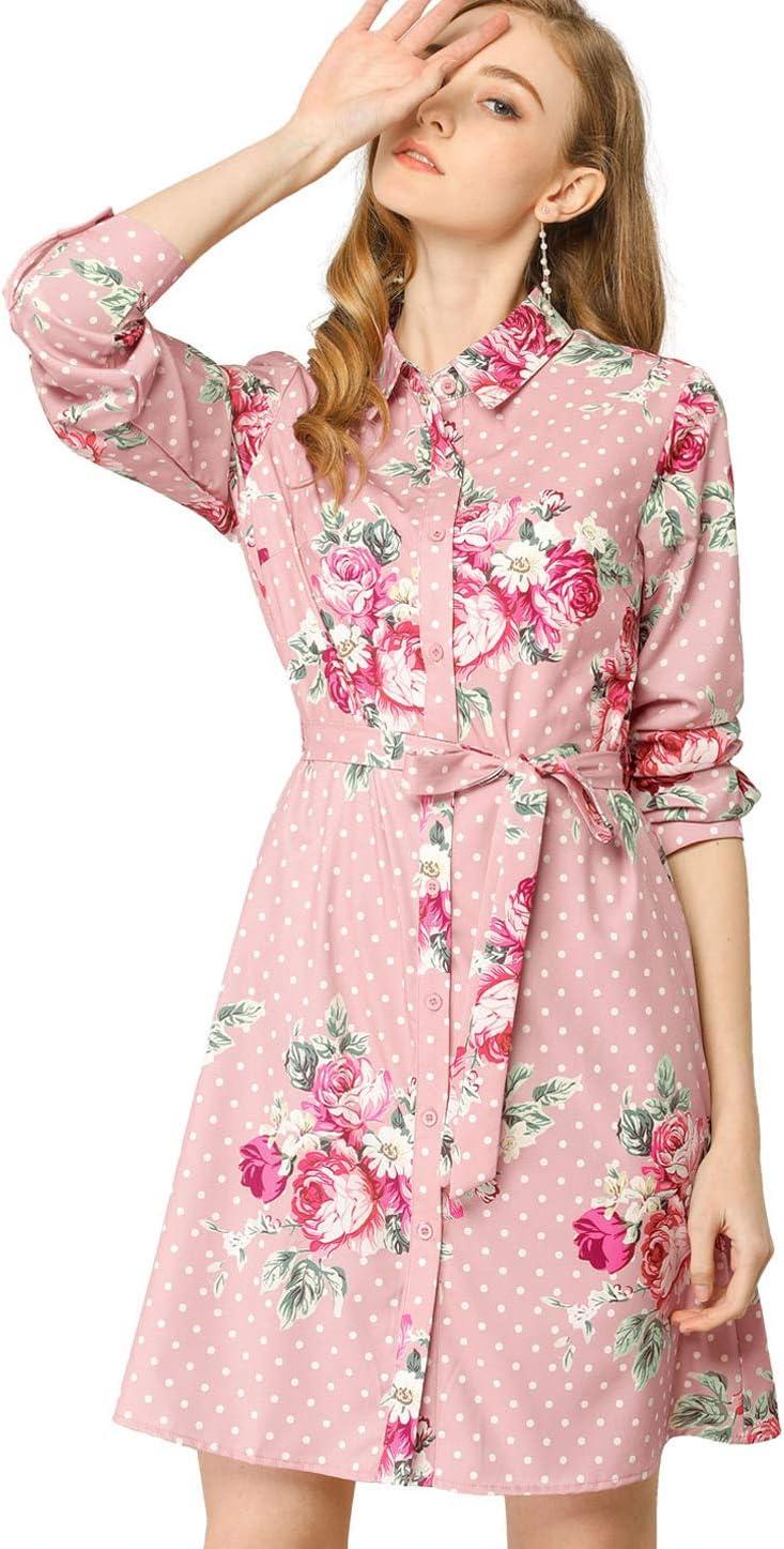 imageAllegra K Womens Button Down Vintage Polka Dots Dresses Collar Tie Belted Floral Shirt DressPink