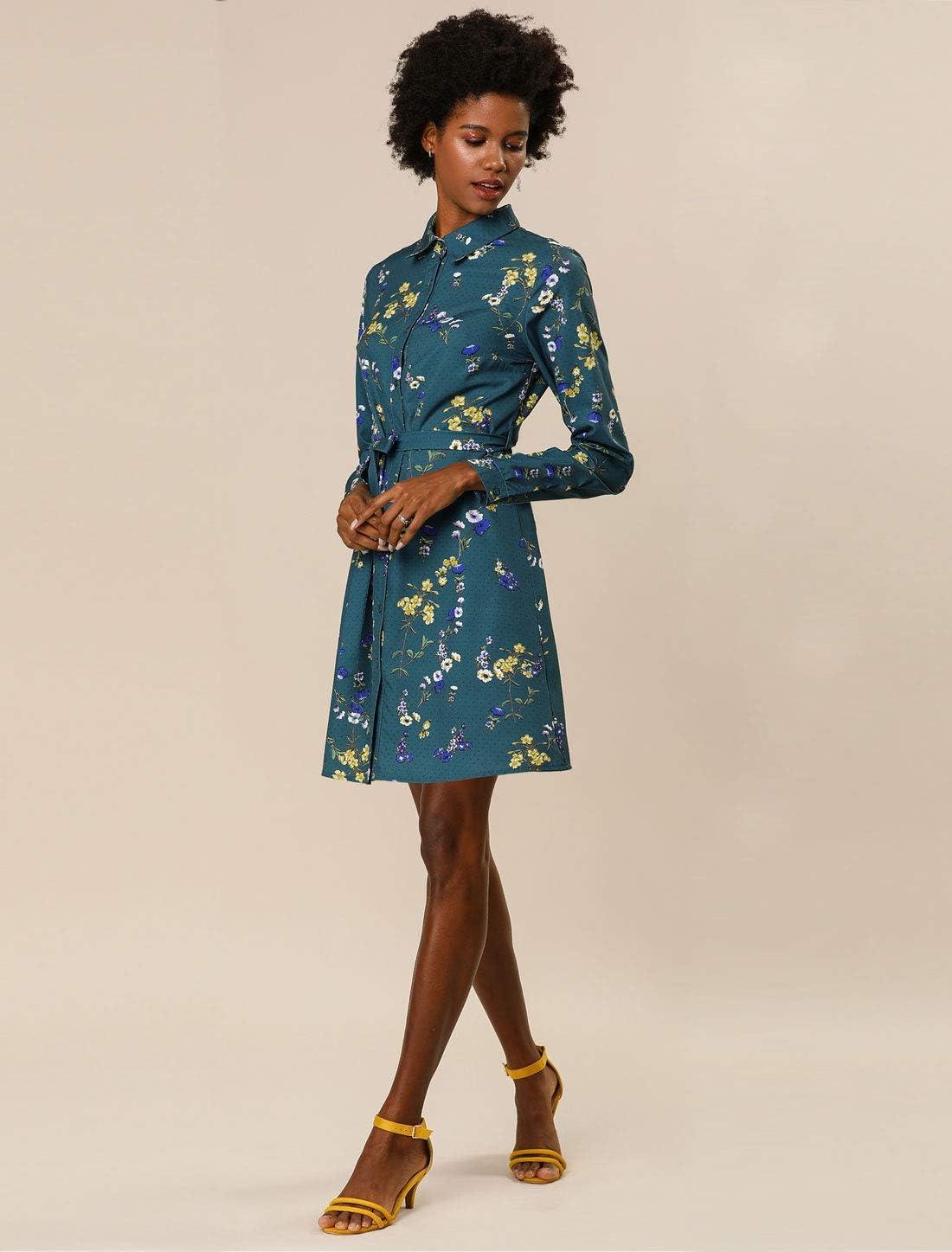 imageAllegra K Womens Button Down Vintage Polka Dots Dresses Collar Tie Belted Floral Shirt DressTeal Blue
