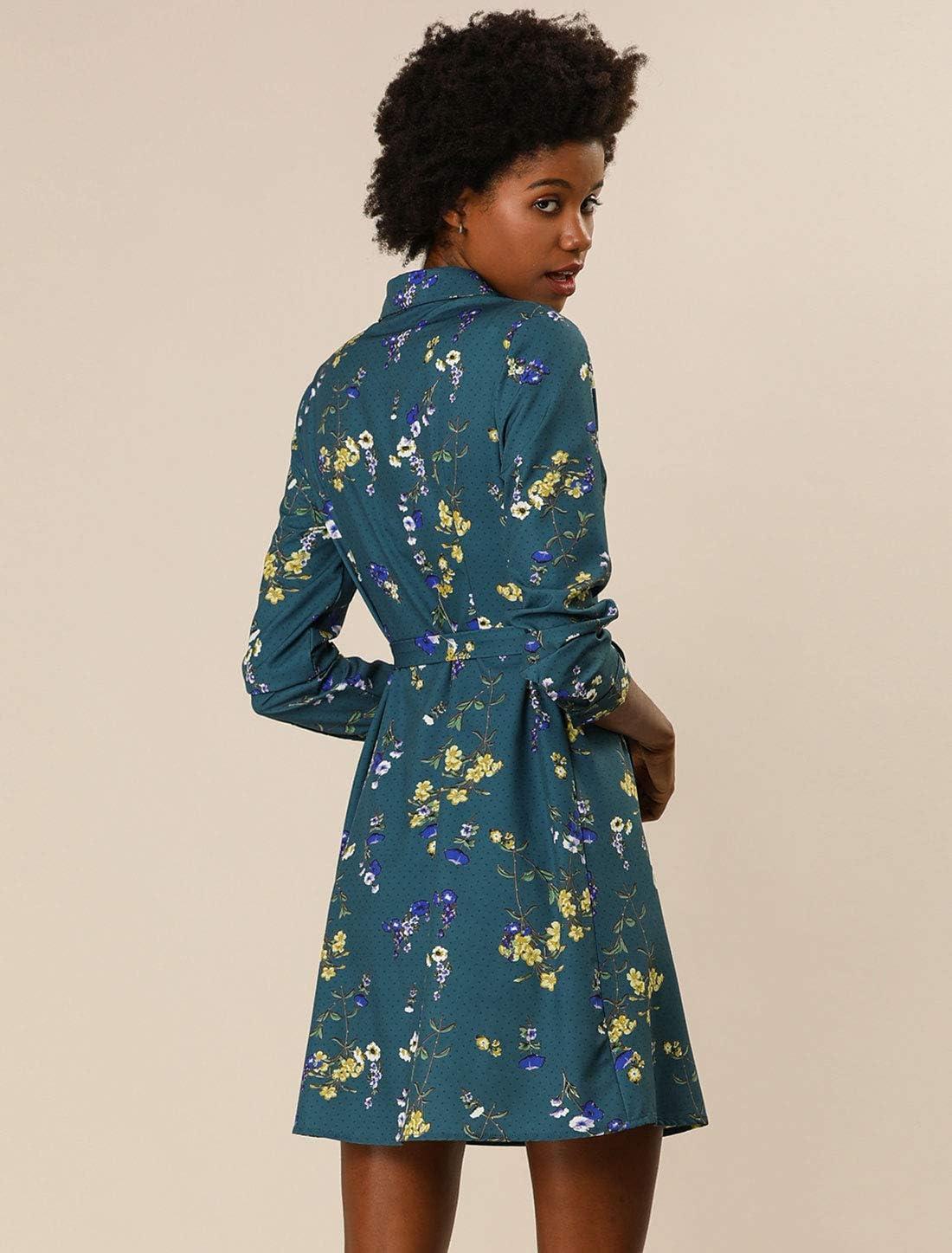 imageAllegra K Womens Button Down Vintage Polka Dots Dresses Collar Tie Belted Floral Shirt DressTeal Blue