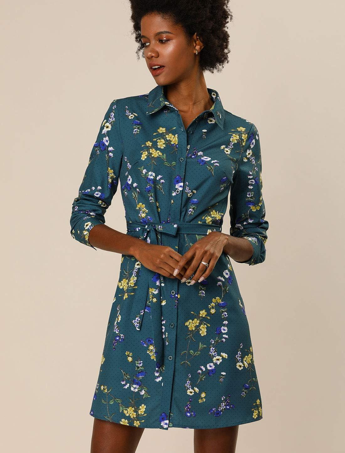 imageAllegra K Womens Button Down Vintage Polka Dots Dresses Collar Tie Belted Floral Shirt DressTeal Blue
