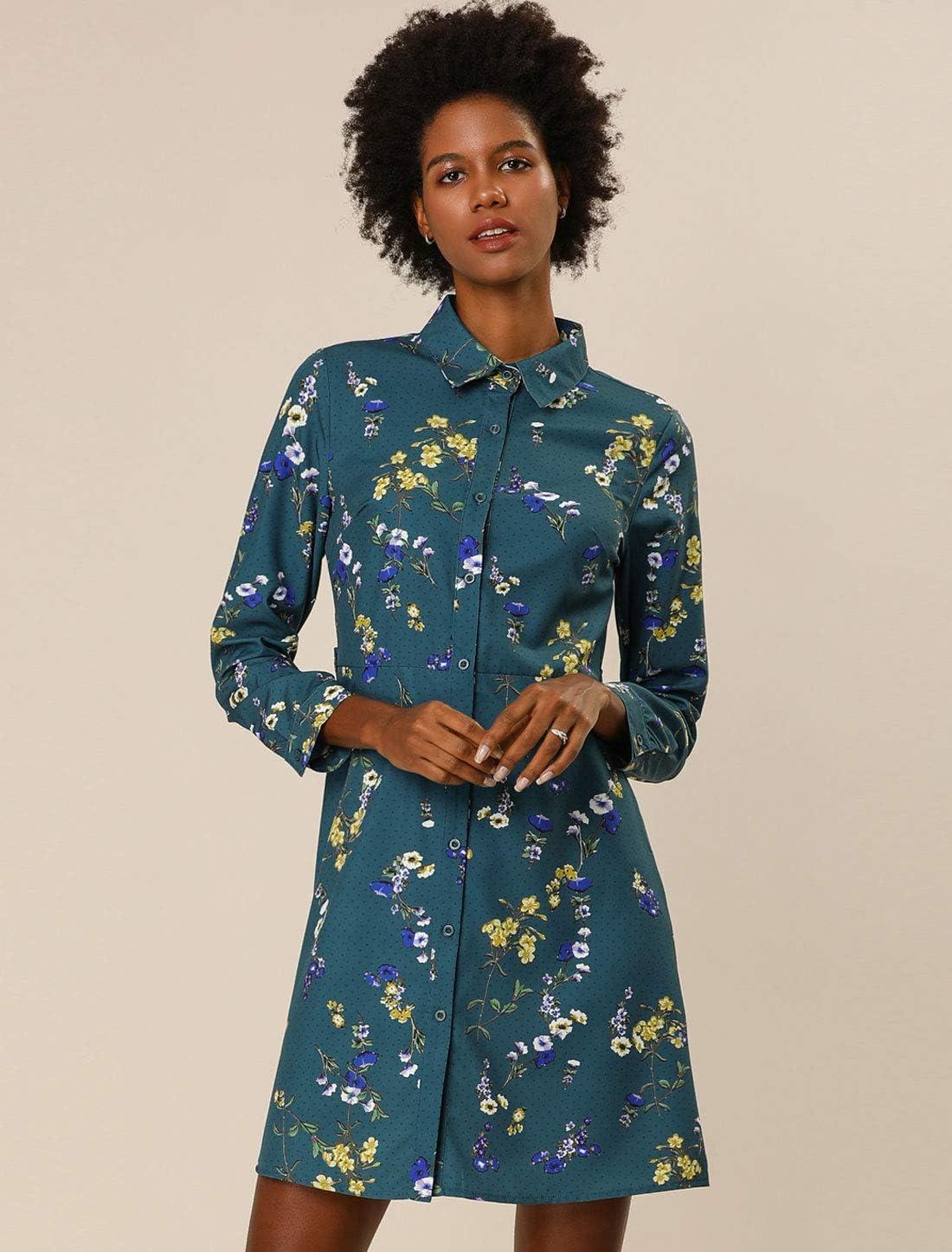 imageAllegra K Womens Button Down Vintage Polka Dots Dresses Collar Tie Belted Floral Shirt DressTeal Blue