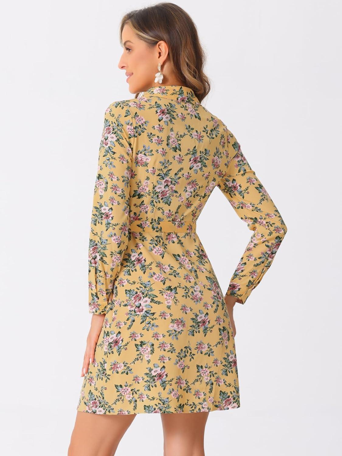 imageAllegra K Womens Button Down Vintage Polka Dots Dresses Collar Tie Belted Floral Shirt DressYellow
