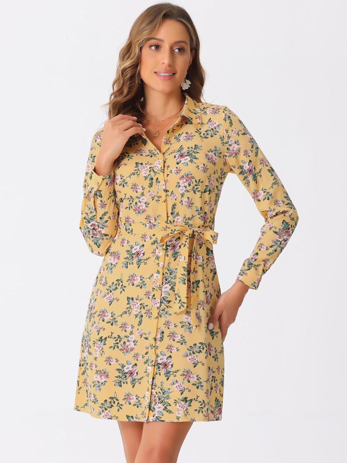 imageAllegra K Womens Button Down Vintage Polka Dots Dresses Collar Tie Belted Floral Shirt DressYellow