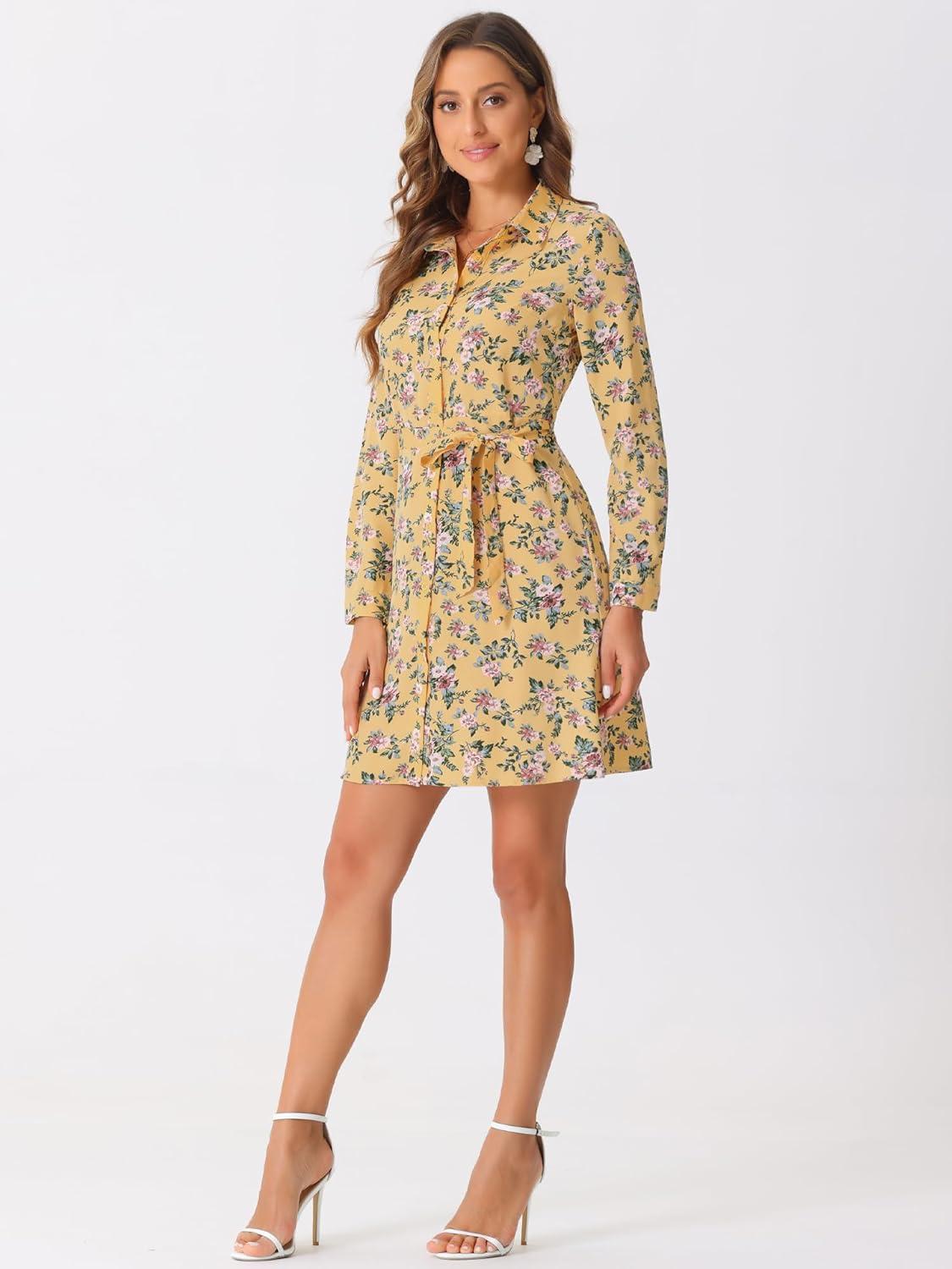 imageAllegra K Womens Button Down Vintage Polka Dots Dresses Collar Tie Belted Floral Shirt DressYellow
