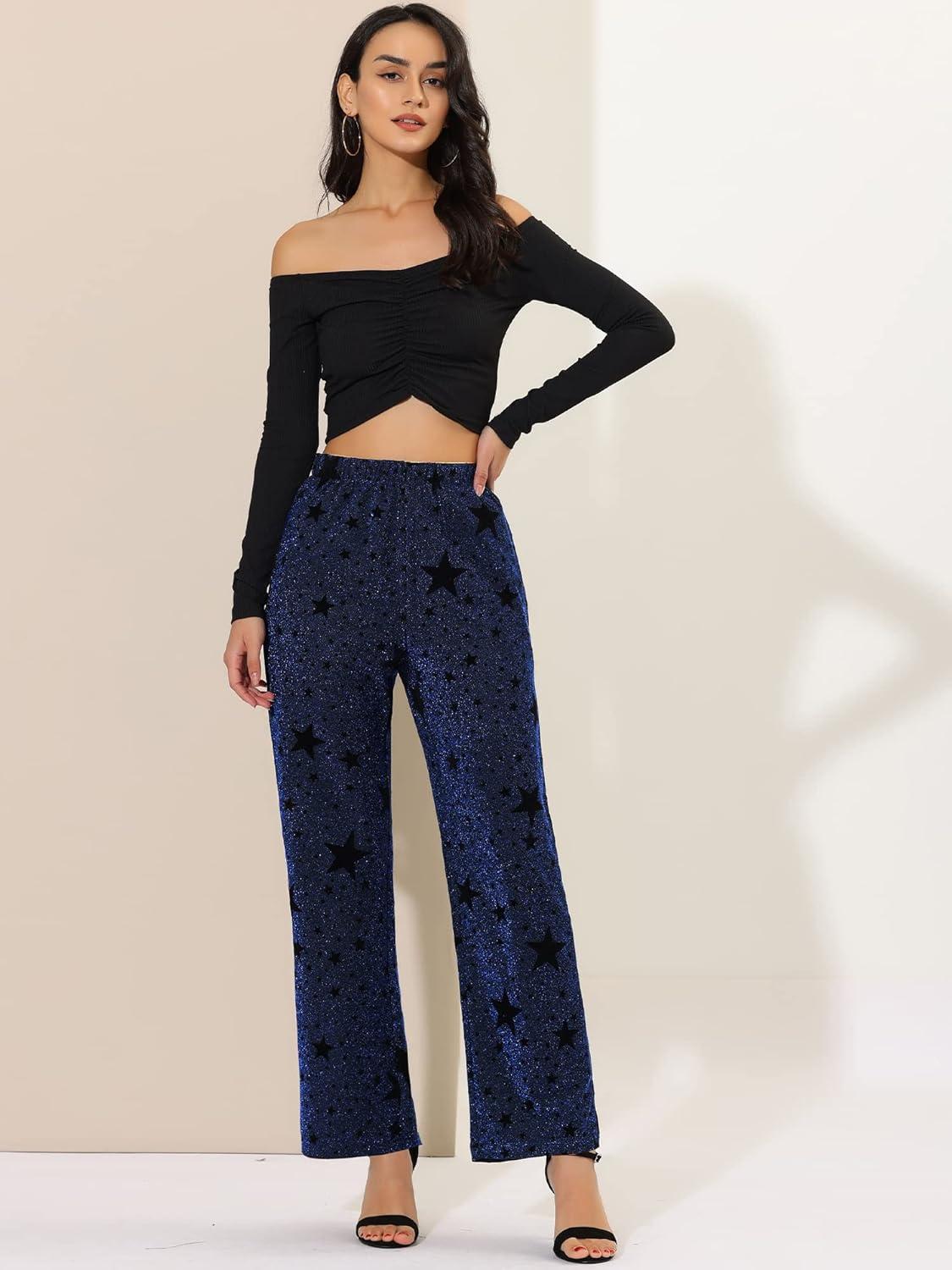 imageAllegra K Womens Christmas Sparkle High Waist Stretch Party Wide Leg Shiny Star Print Pants