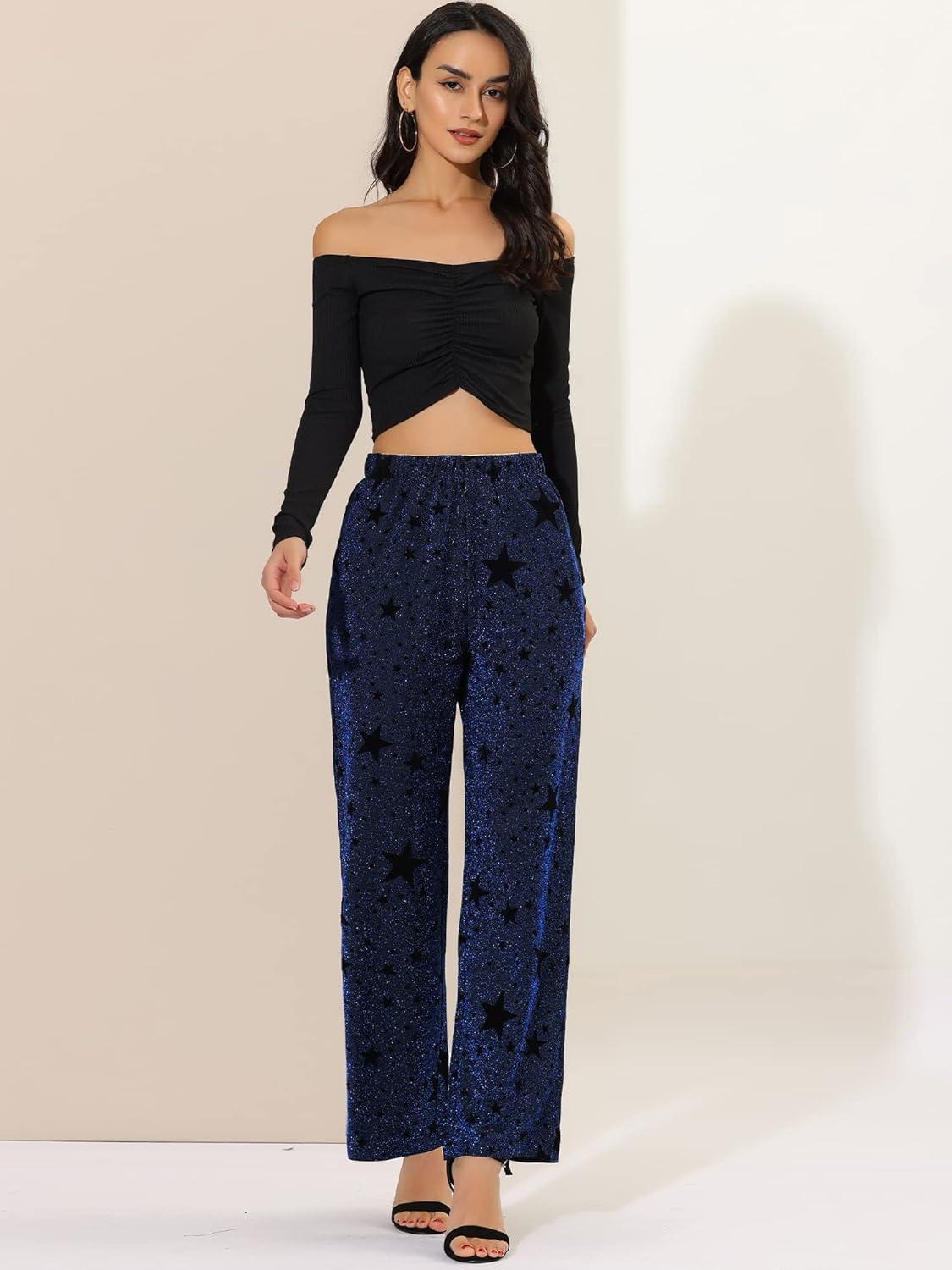 imageAllegra K Womens Christmas Sparkle High Waist Stretch Party Wide Leg Shiny Star Print Pants