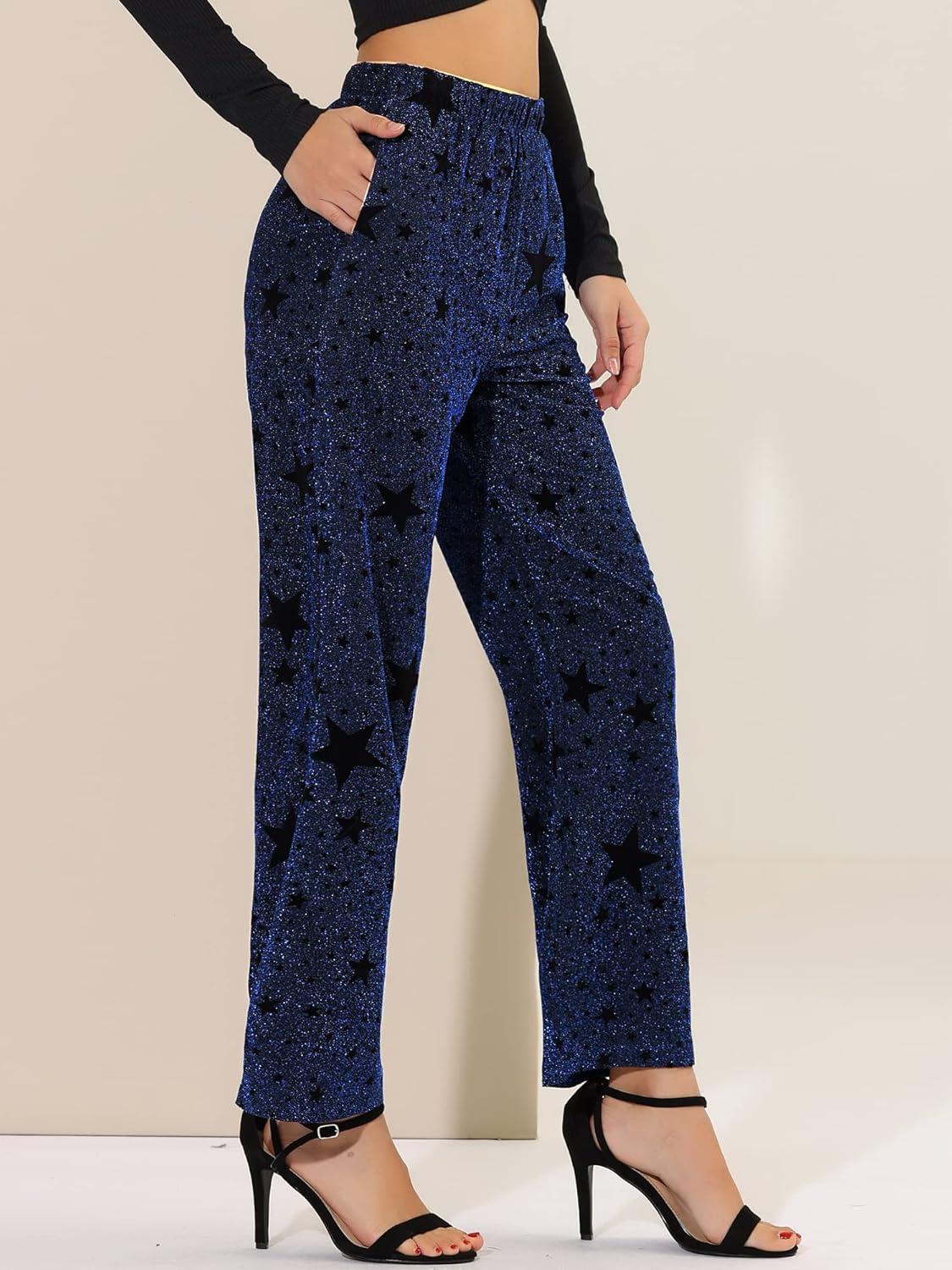 imageAllegra K Womens Christmas Sparkle High Waist Stretch Party Wide Leg Shiny Star Print Pants