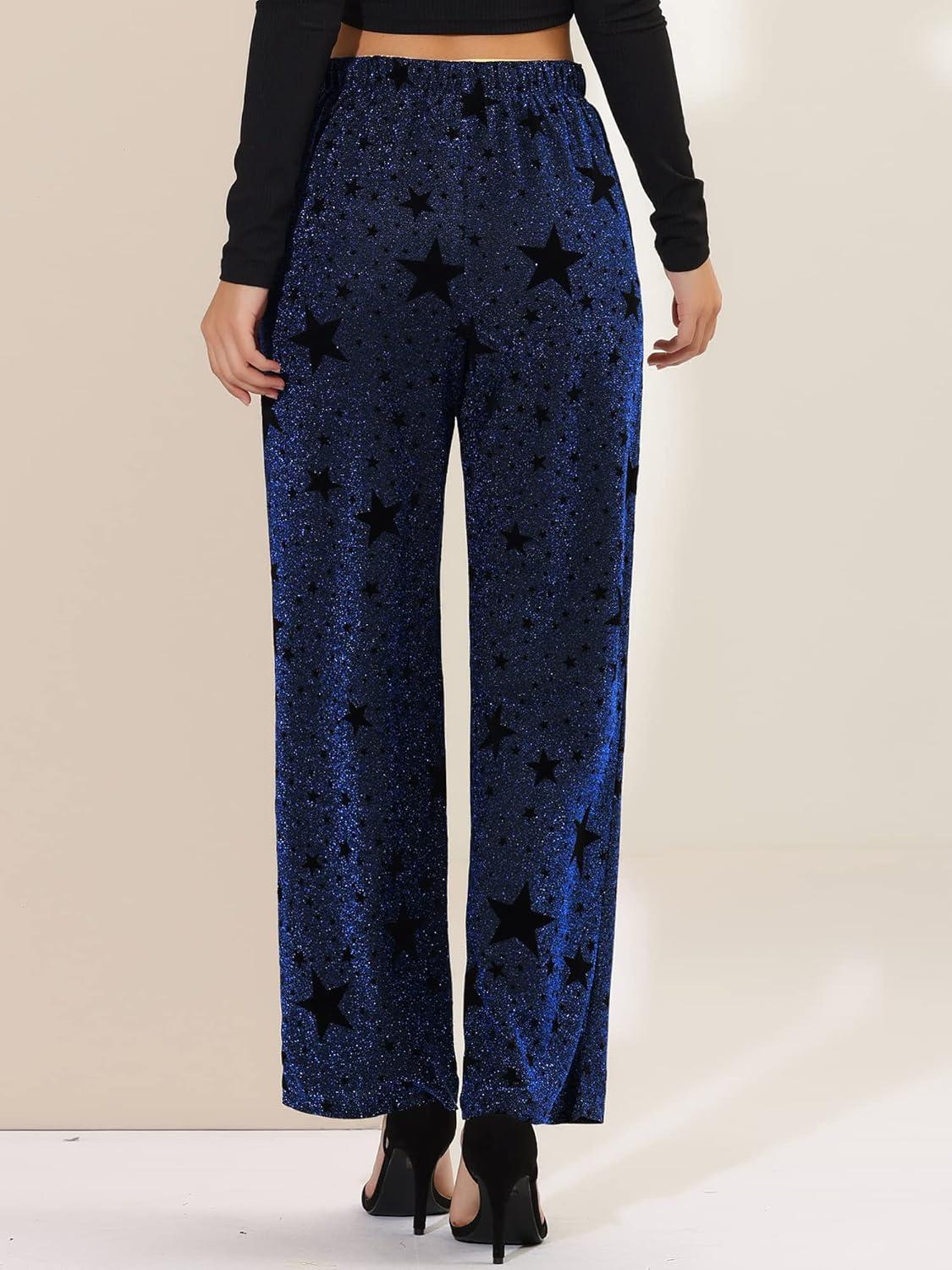 imageAllegra K Womens Christmas Sparkle High Waist Stretch Party Wide Leg Shiny Star Print Pants