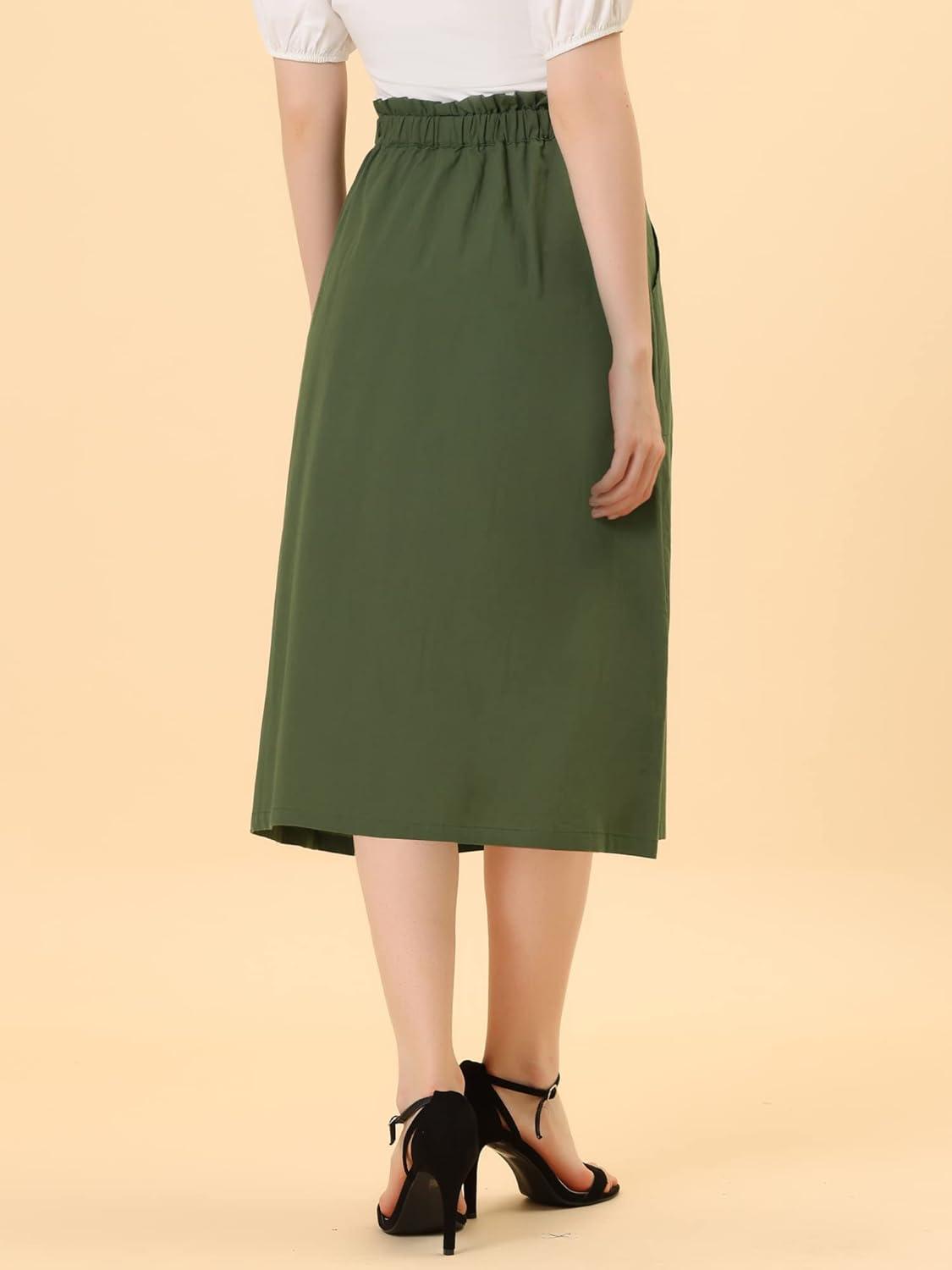 imageAllegra K Womens Cotton ALine Skirt Elastic Waist Casual Peasant Midi Skirts with PocketsArmy Green