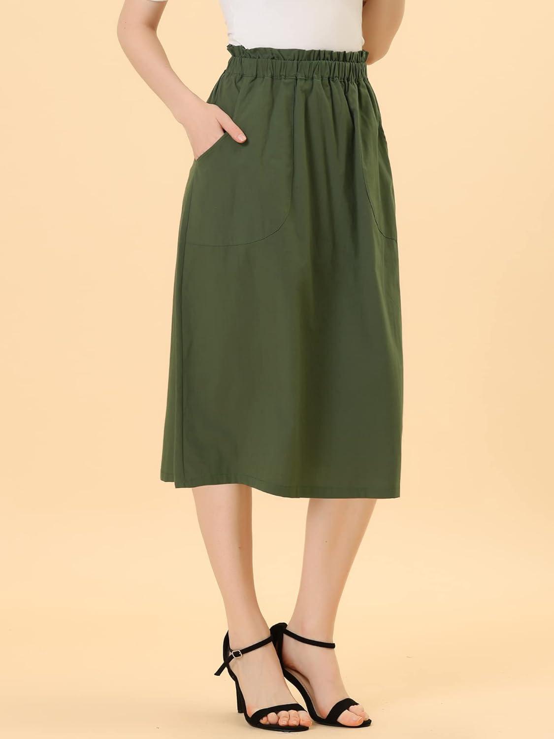 imageAllegra K Womens Cotton ALine Skirt Elastic Waist Casual Peasant Midi Skirts with PocketsArmy Green