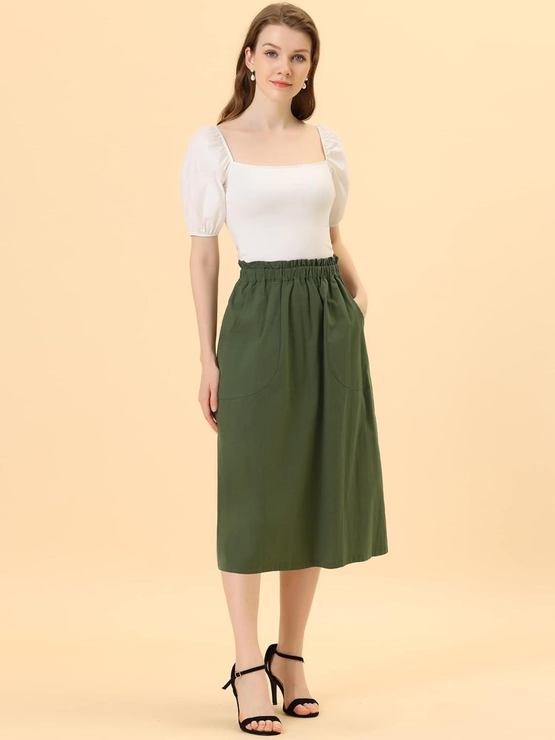 imageAllegra K Womens Cotton ALine Skirt Elastic Waist Casual Peasant Midi Skirts with PocketsArmy Green