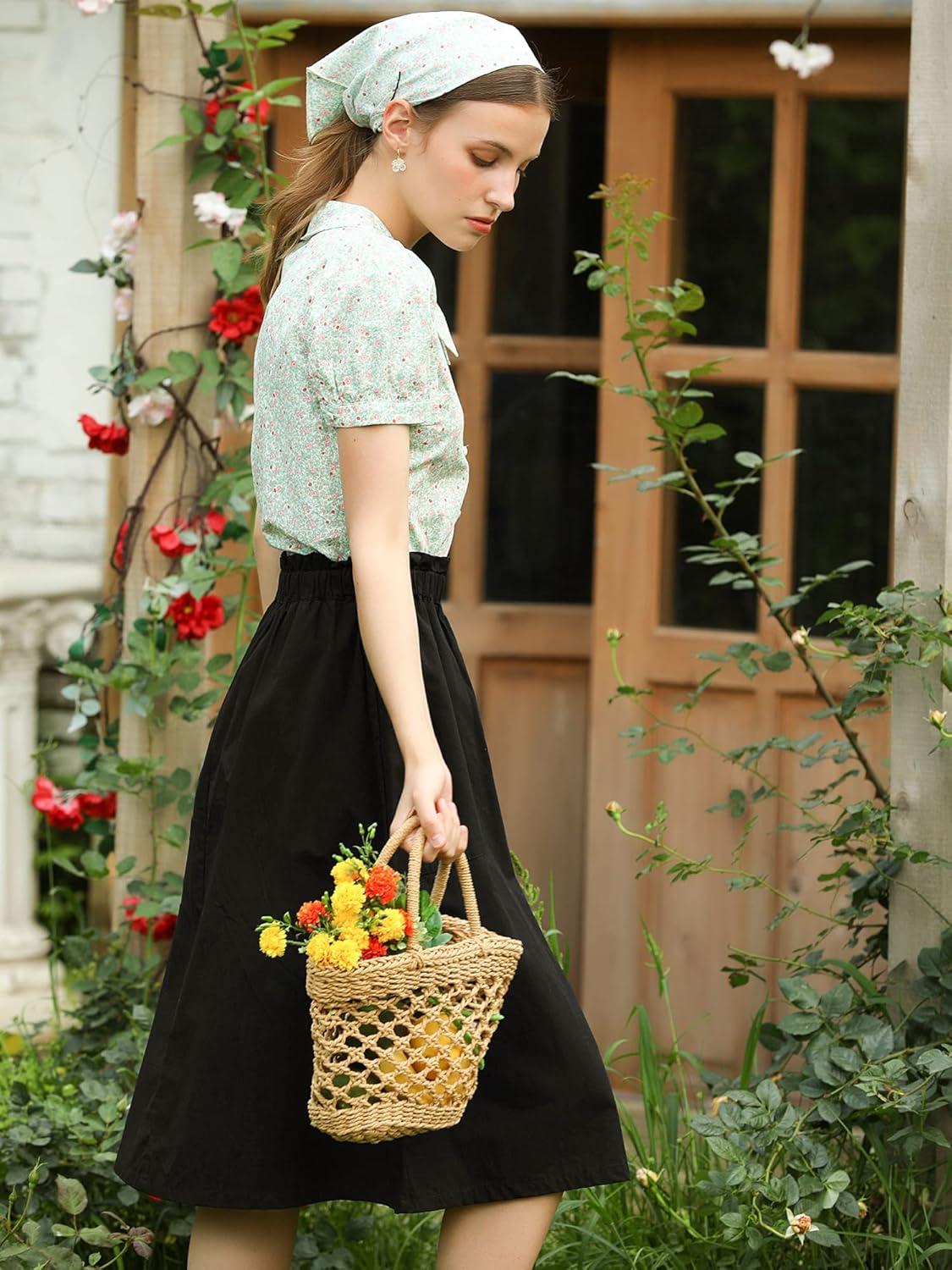 imageAllegra K Womens Cotton ALine Skirt Elastic Waist Casual Peasant Midi Skirts with PocketsBlack