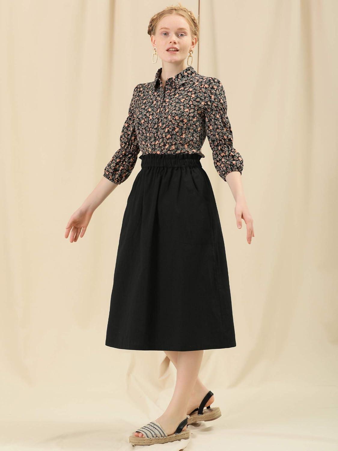 imageAllegra K Womens Cotton ALine Skirt Elastic Waist Casual Peasant Midi Skirts with PocketsBlack