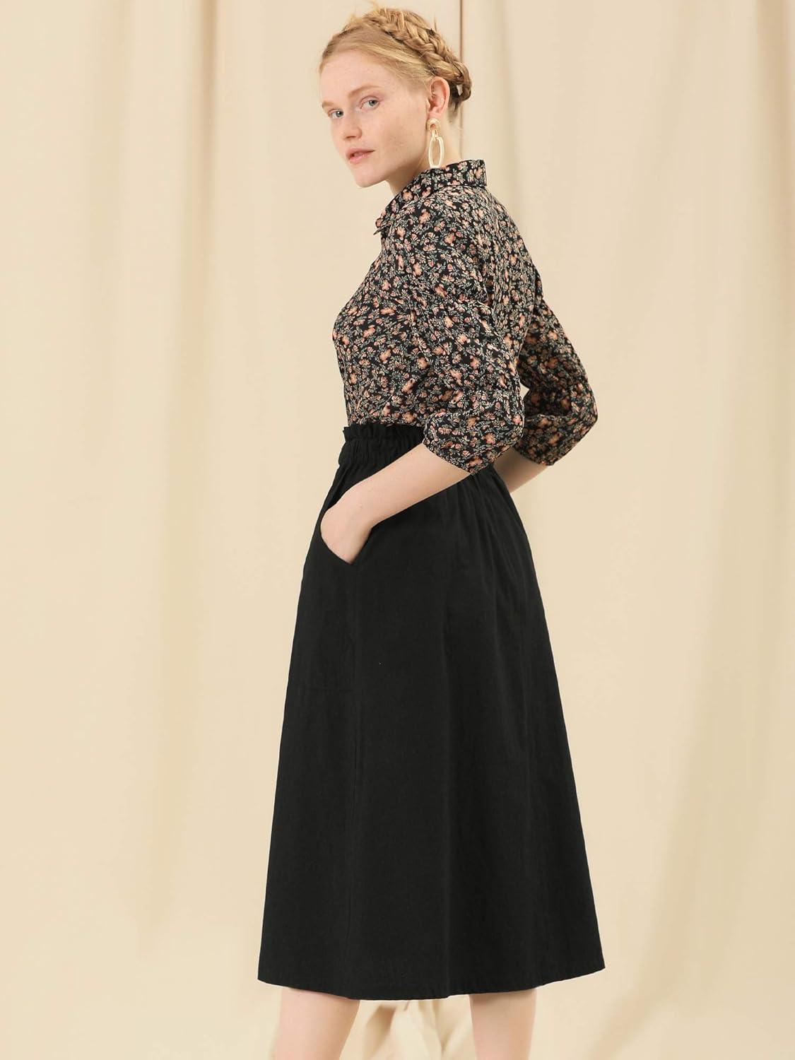 imageAllegra K Womens Cotton ALine Skirt Elastic Waist Casual Peasant Midi Skirts with PocketsBlack