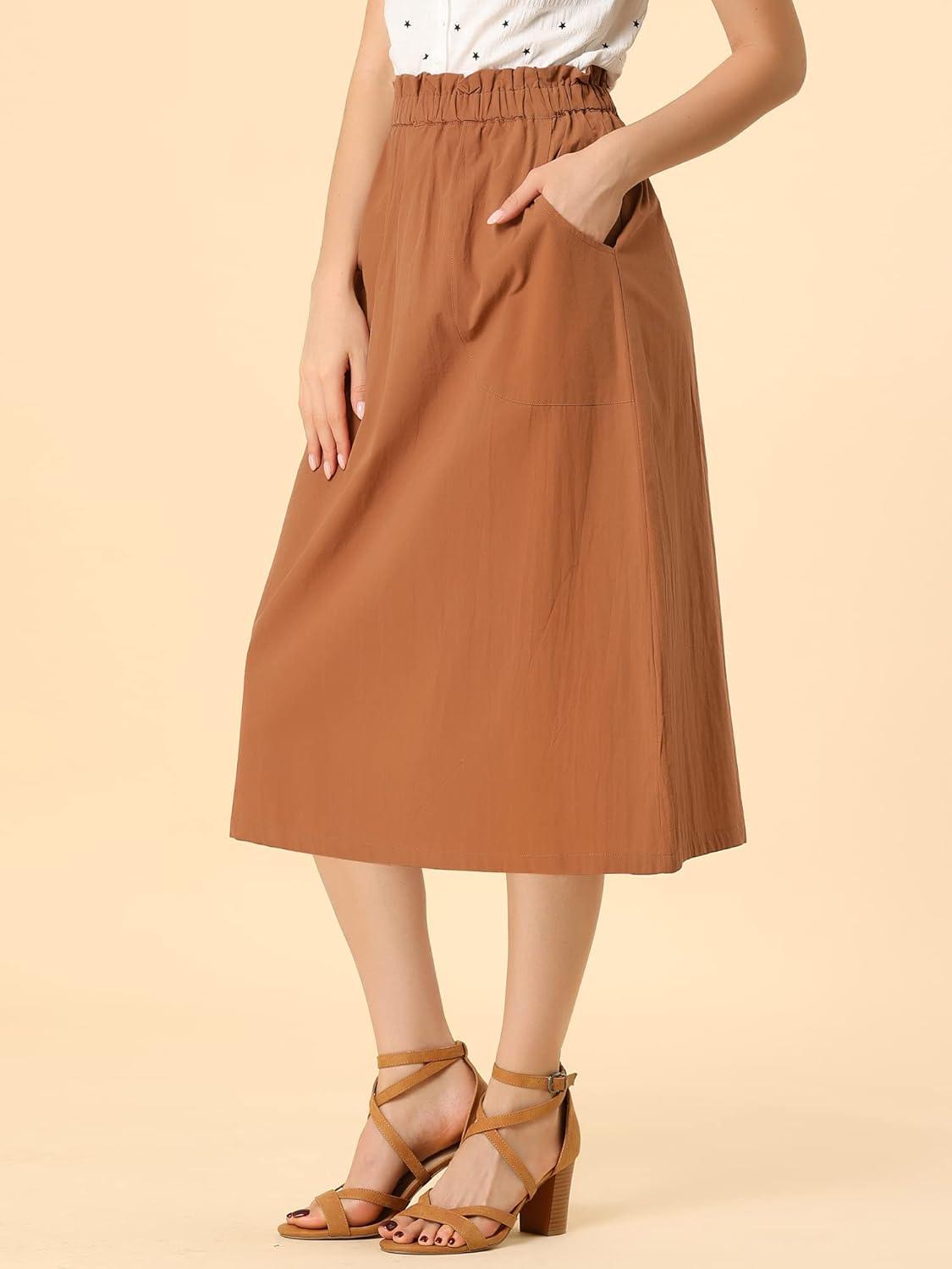 imageAllegra K Womens Cotton ALine Skirt Elastic Waist Casual Peasant Midi Skirts with PocketsBrown