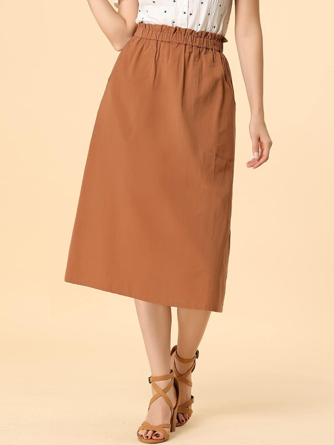 imageAllegra K Womens Cotton ALine Skirt Elastic Waist Casual Peasant Midi Skirts with PocketsBrown