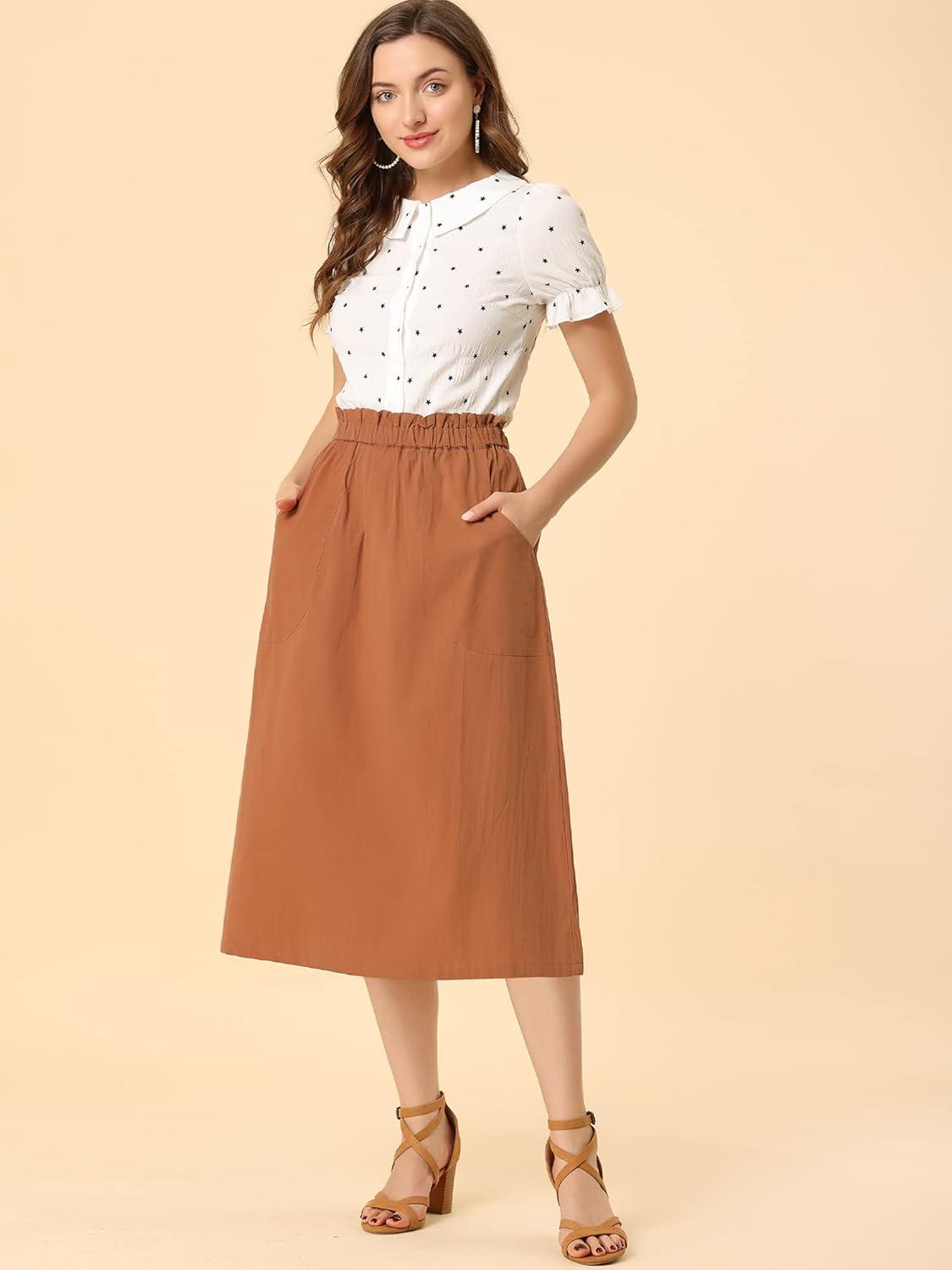imageAllegra K Womens Cotton ALine Skirt Elastic Waist Casual Peasant Midi Skirts with PocketsBrown