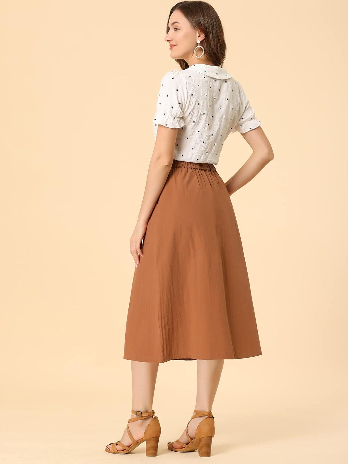 imageAllegra K Womens Cotton ALine Skirt Elastic Waist Casual Peasant Midi Skirts with PocketsBrown