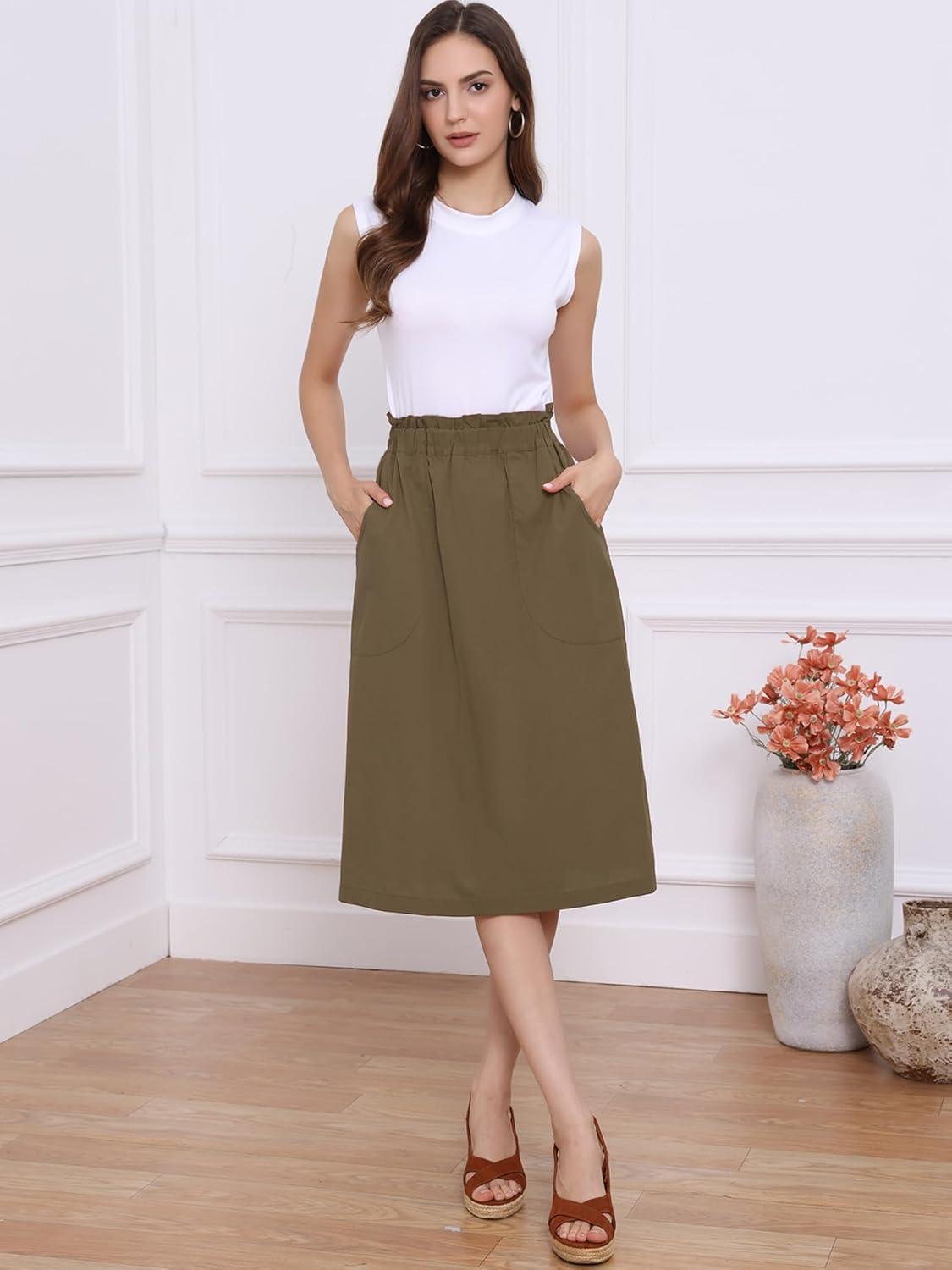 imageAllegra K Womens Cotton ALine Skirt Elastic Waist Casual Peasant Midi Skirts with PocketsCoffee