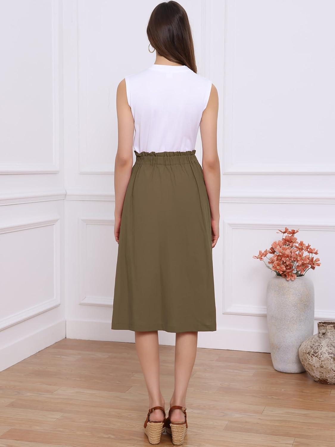 imageAllegra K Womens Cotton ALine Skirt Elastic Waist Casual Peasant Midi Skirts with PocketsCoffee