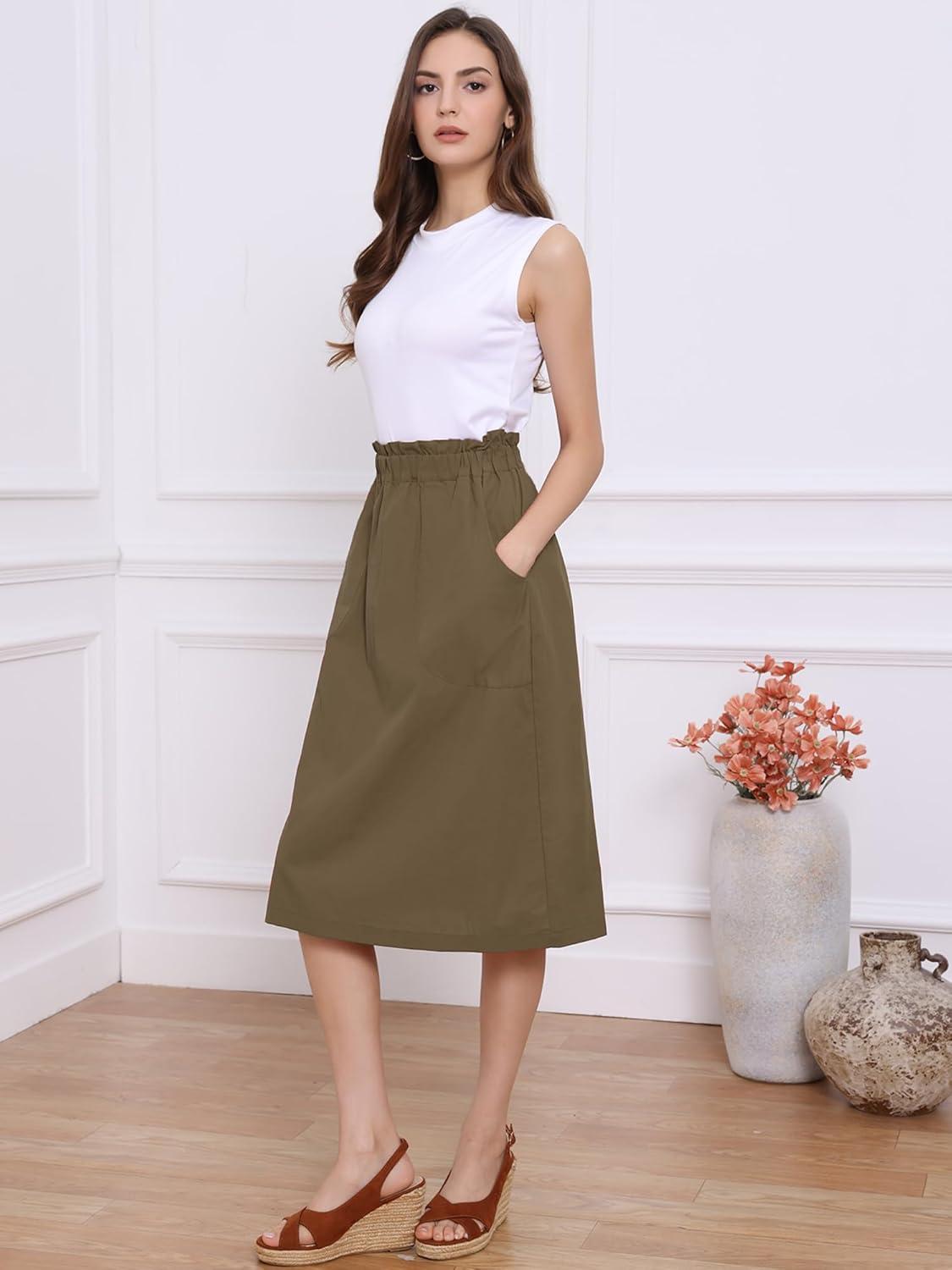 imageAllegra K Womens Cotton ALine Skirt Elastic Waist Casual Peasant Midi Skirts with PocketsCoffee