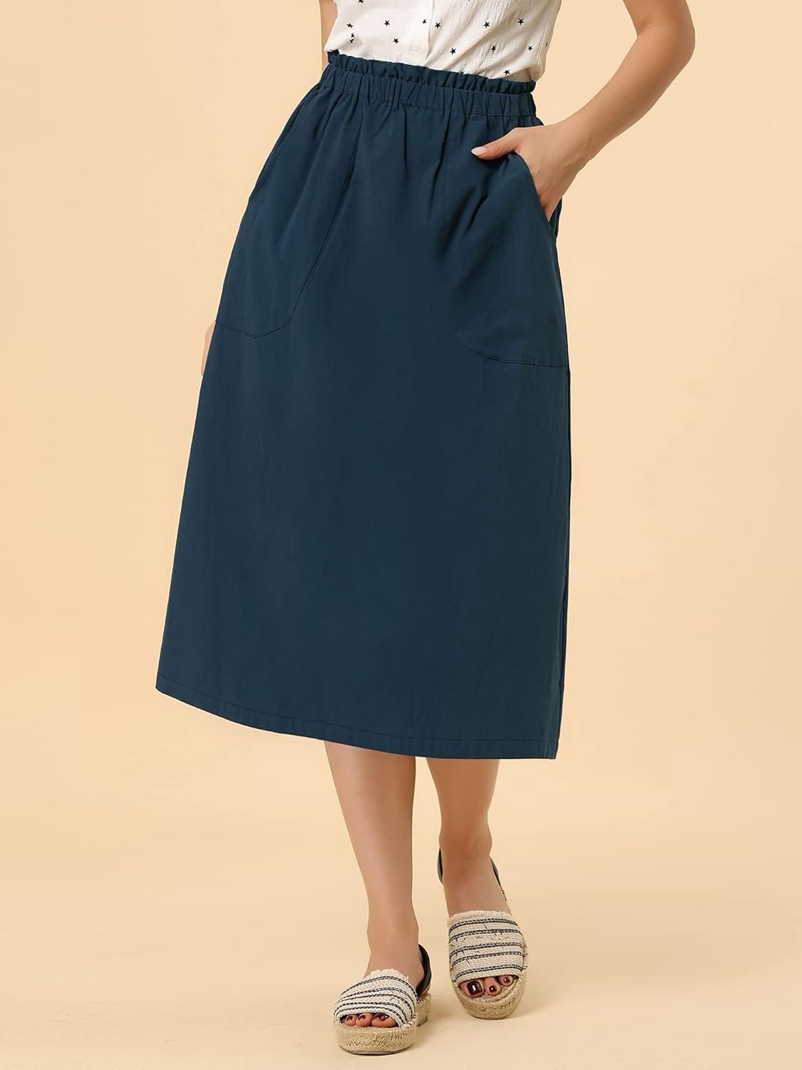 imageAllegra K Womens Cotton ALine Skirt Elastic Waist Casual Peasant Midi Skirts with PocketsDark Blue