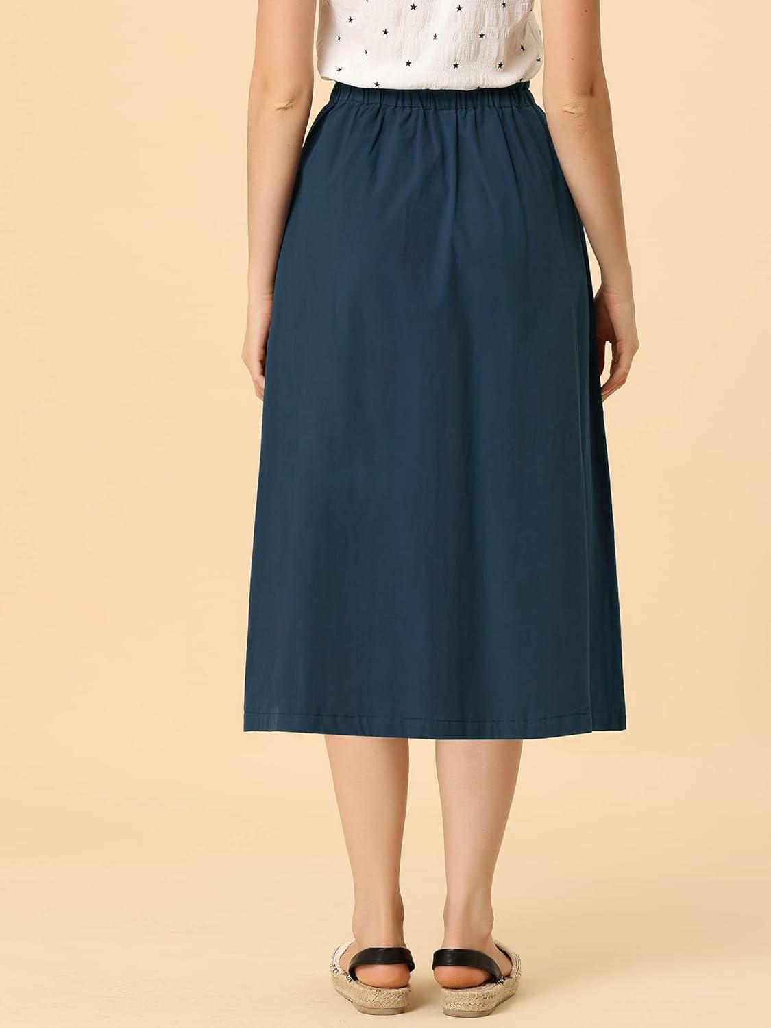 imageAllegra K Womens Cotton ALine Skirt Elastic Waist Casual Peasant Midi Skirts with PocketsDark Blue