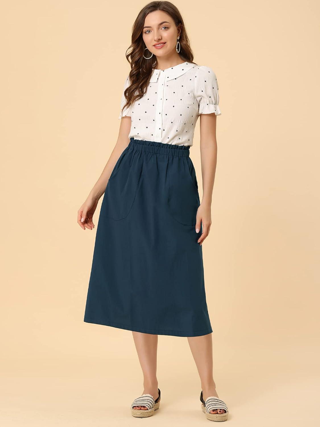 imageAllegra K Womens Cotton ALine Skirt Elastic Waist Casual Peasant Midi Skirts with PocketsDark Blue