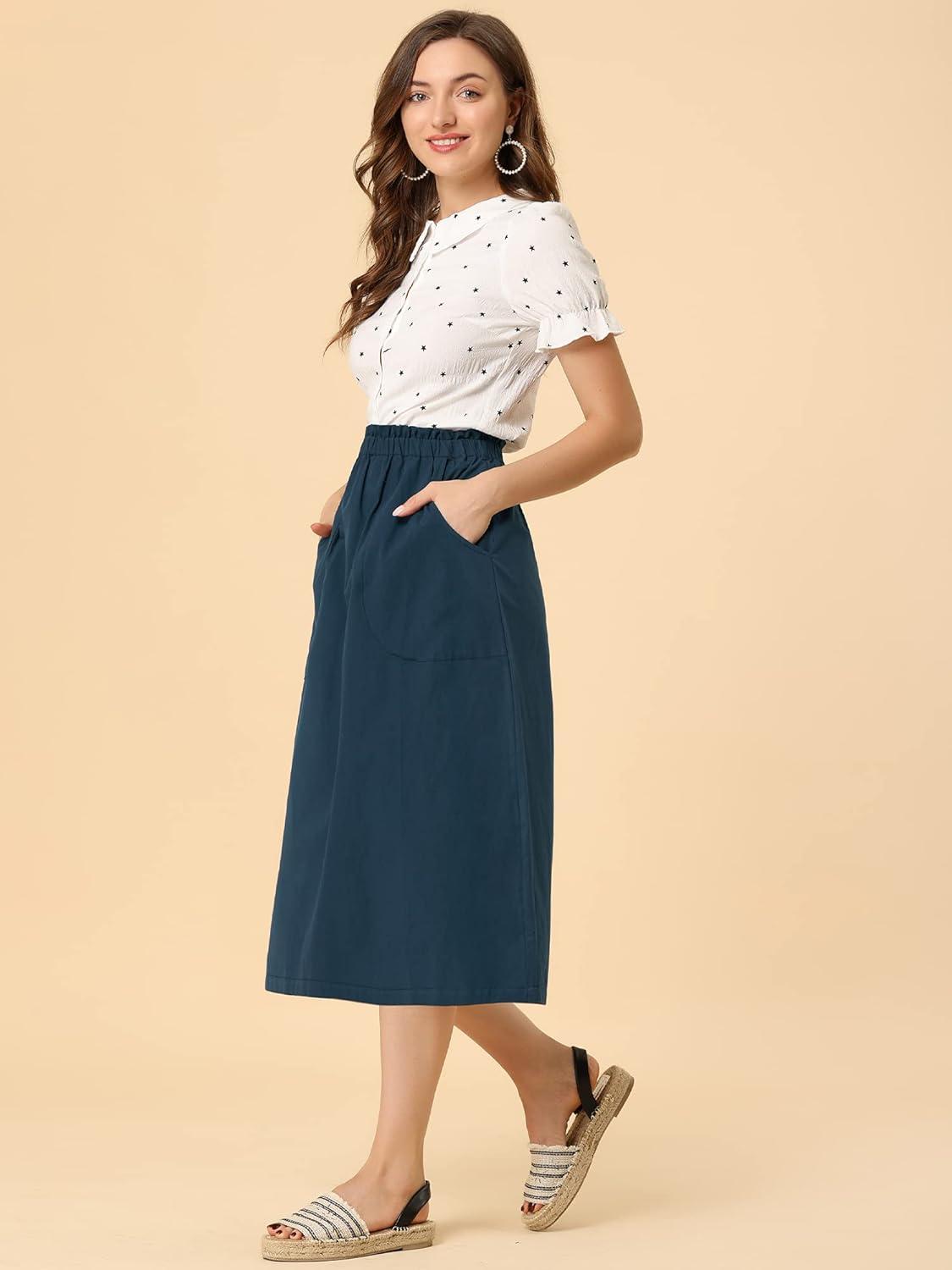 imageAllegra K Womens Cotton ALine Skirt Elastic Waist Casual Peasant Midi Skirts with PocketsDark Blue