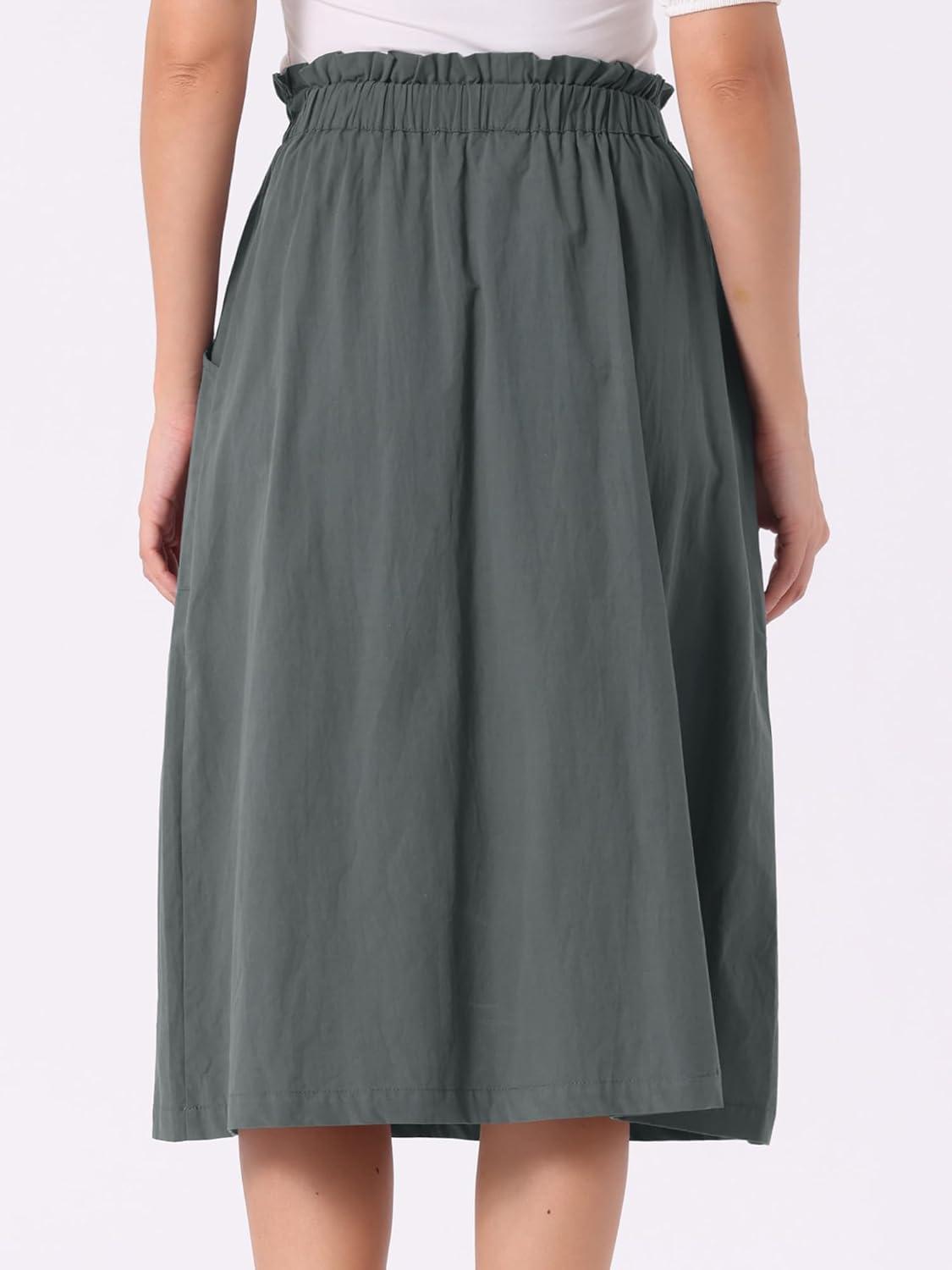 imageAllegra K Womens Cotton ALine Skirt Elastic Waist Casual Peasant Midi Skirts with PocketsDark Gray