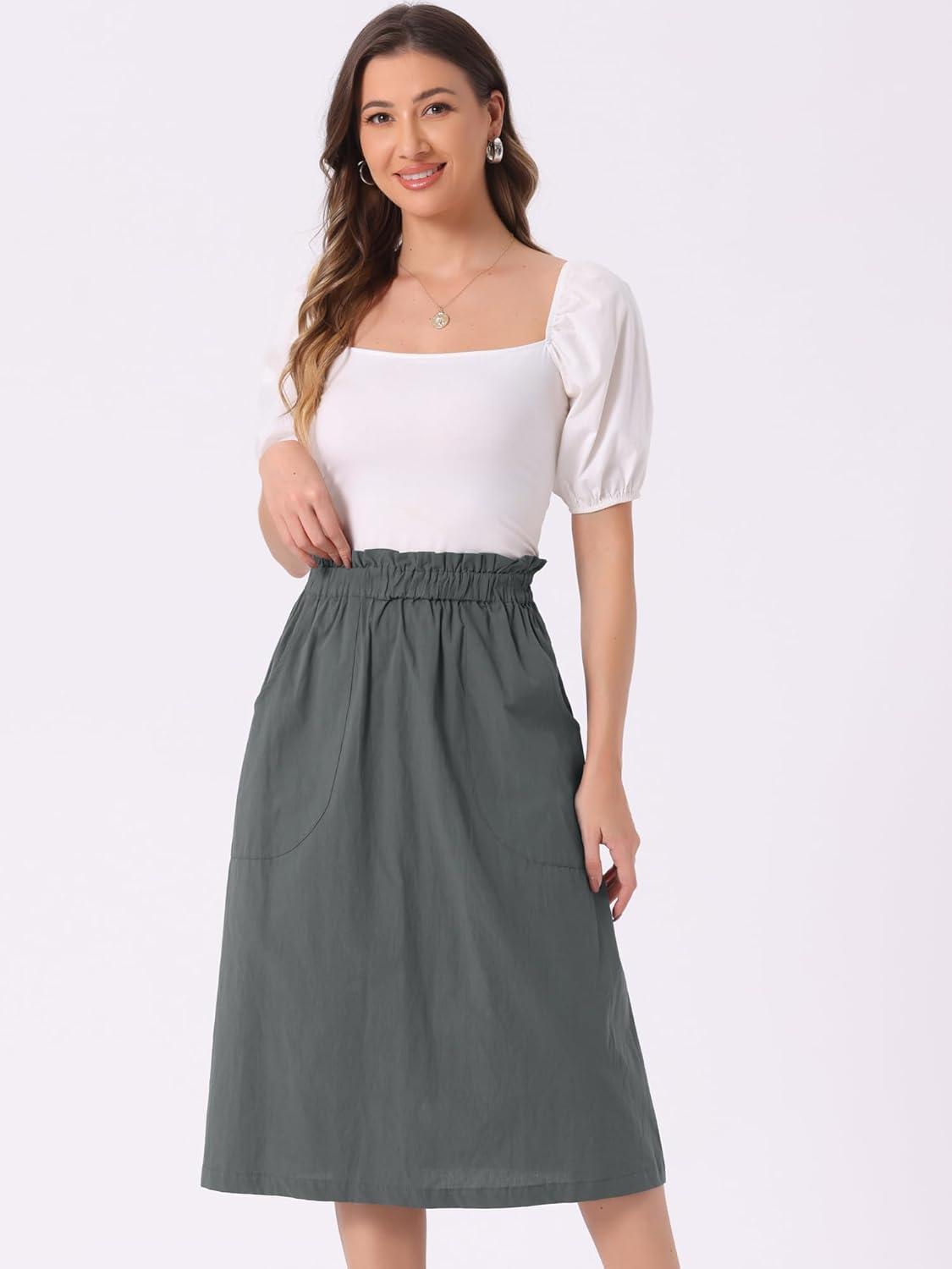 imageAllegra K Womens Cotton ALine Skirt Elastic Waist Casual Peasant Midi Skirts with PocketsDark Gray