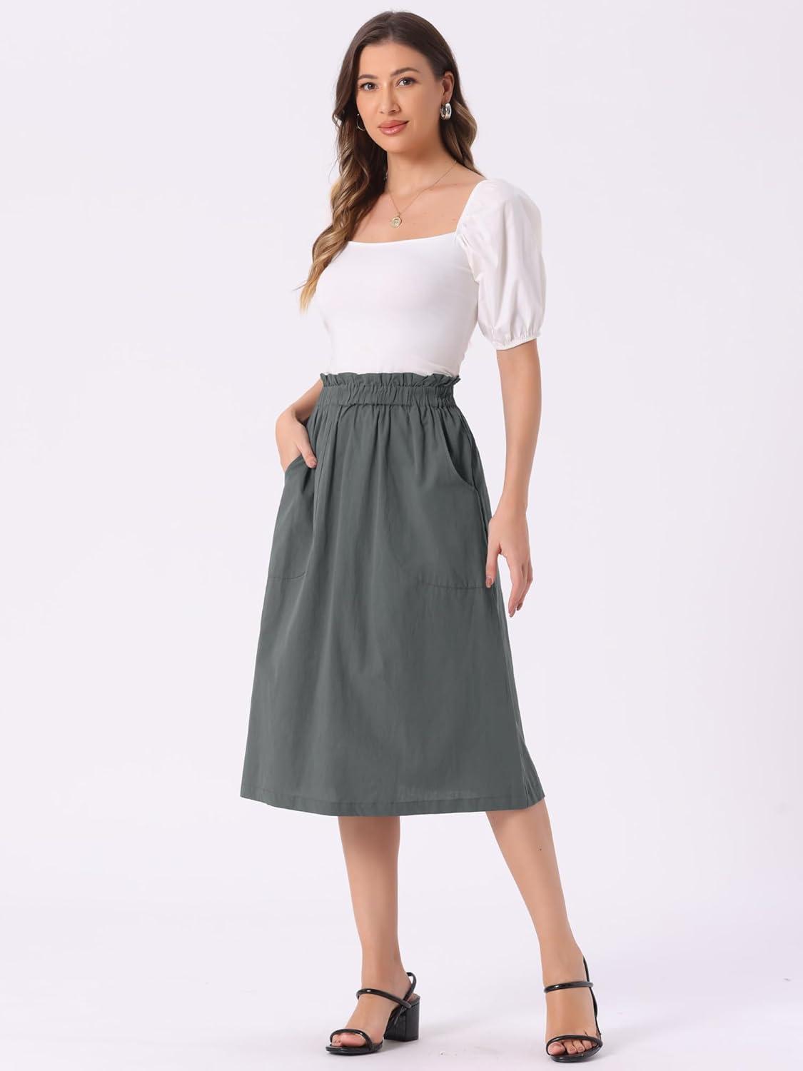 imageAllegra K Womens Cotton ALine Skirt Elastic Waist Casual Peasant Midi Skirts with PocketsDark Gray