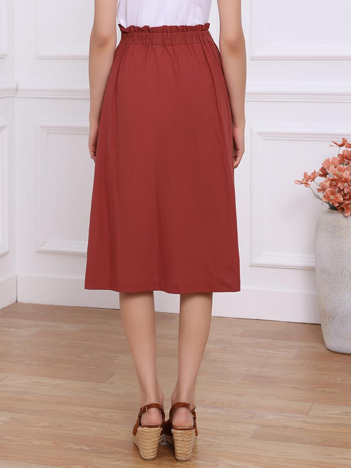 imageAllegra K Womens Cotton ALine Skirt Elastic Waist Casual Peasant Midi Skirts with PocketsDeep Red