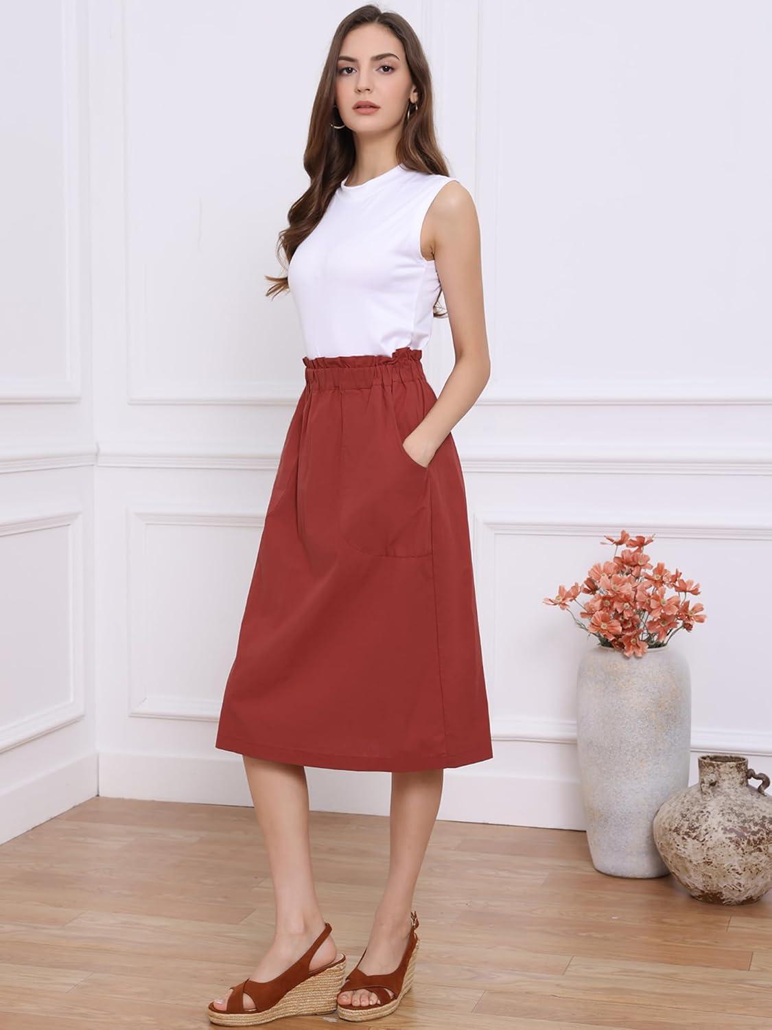 imageAllegra K Womens Cotton ALine Skirt Elastic Waist Casual Peasant Midi Skirts with PocketsDeep Red