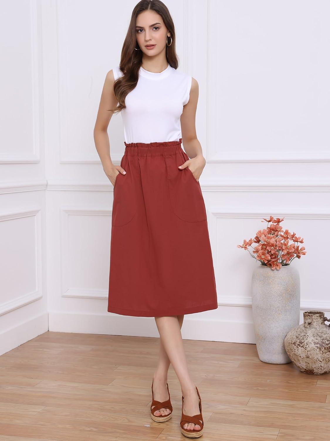 imageAllegra K Womens Cotton ALine Skirt Elastic Waist Casual Peasant Midi Skirts with PocketsDeep Red