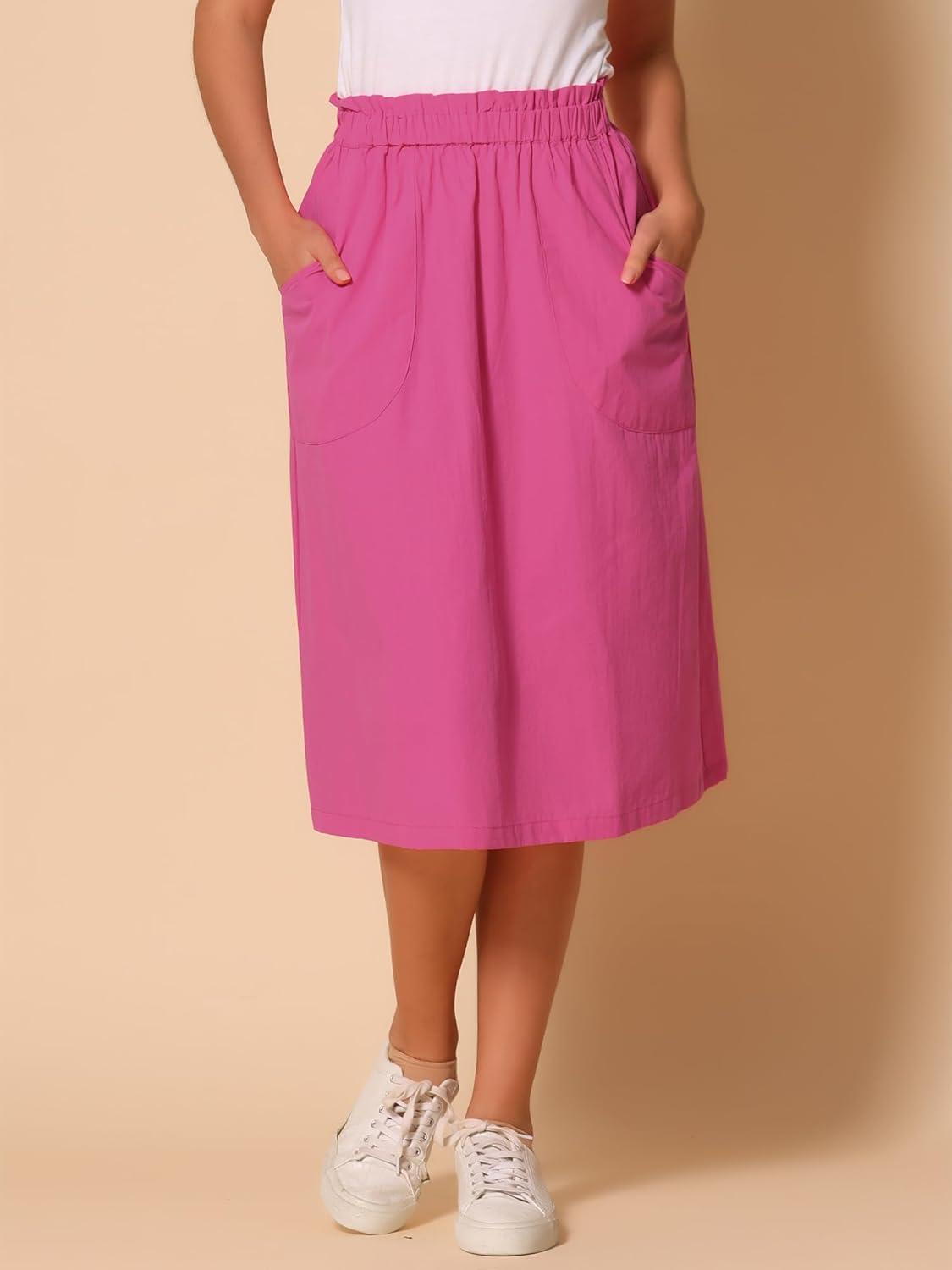 imageAllegra K Womens Cotton ALine Skirt Elastic Waist Casual Peasant Midi Skirts with PocketsHot Pink