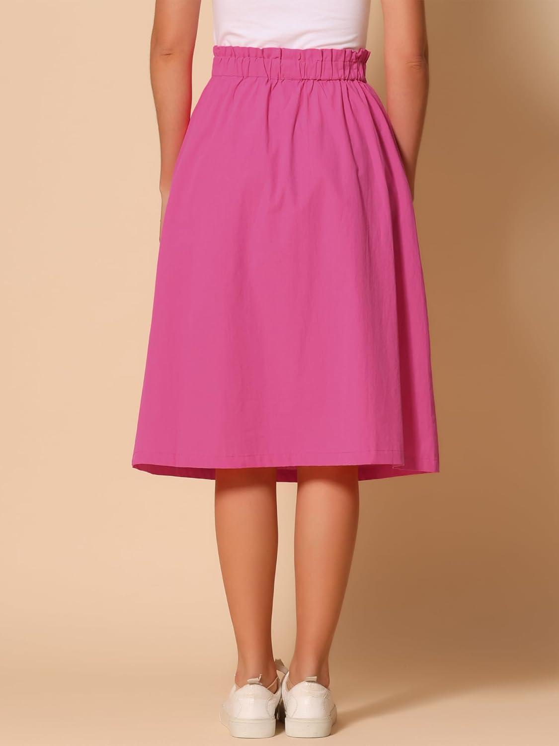 imageAllegra K Womens Cotton ALine Skirt Elastic Waist Casual Peasant Midi Skirts with PocketsHot Pink