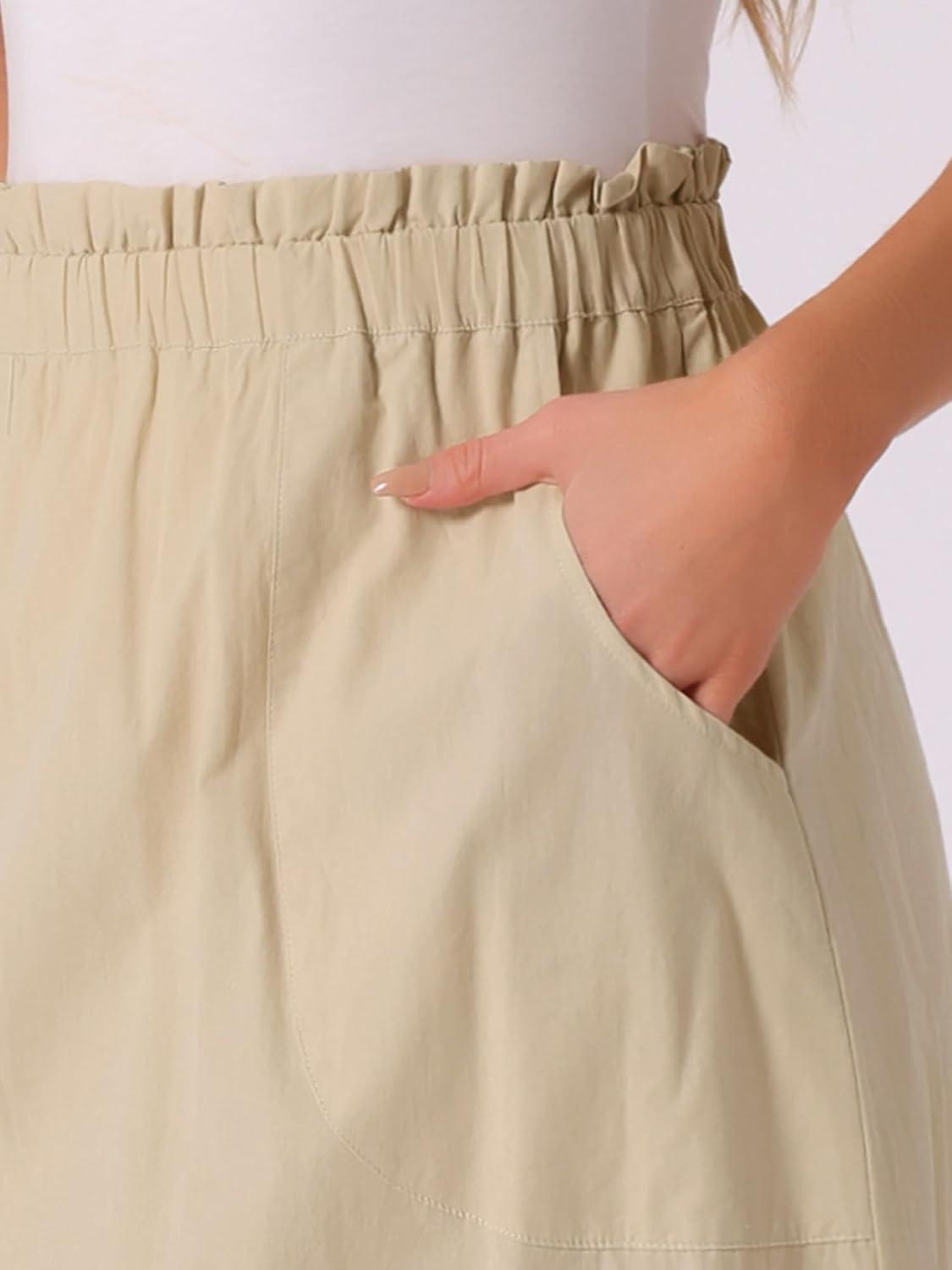 imageAllegra K Womens Cotton ALine Skirt Elastic Waist Casual Peasant Midi Skirts with PocketsKhaki