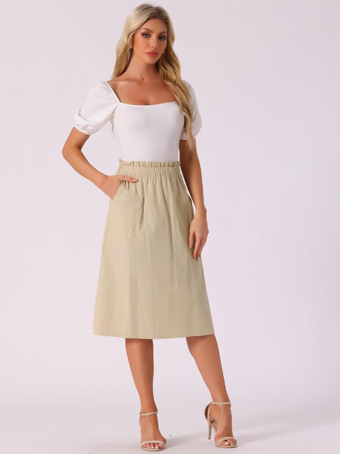imageAllegra K Womens Cotton ALine Skirt Elastic Waist Casual Peasant Midi Skirts with PocketsKhaki