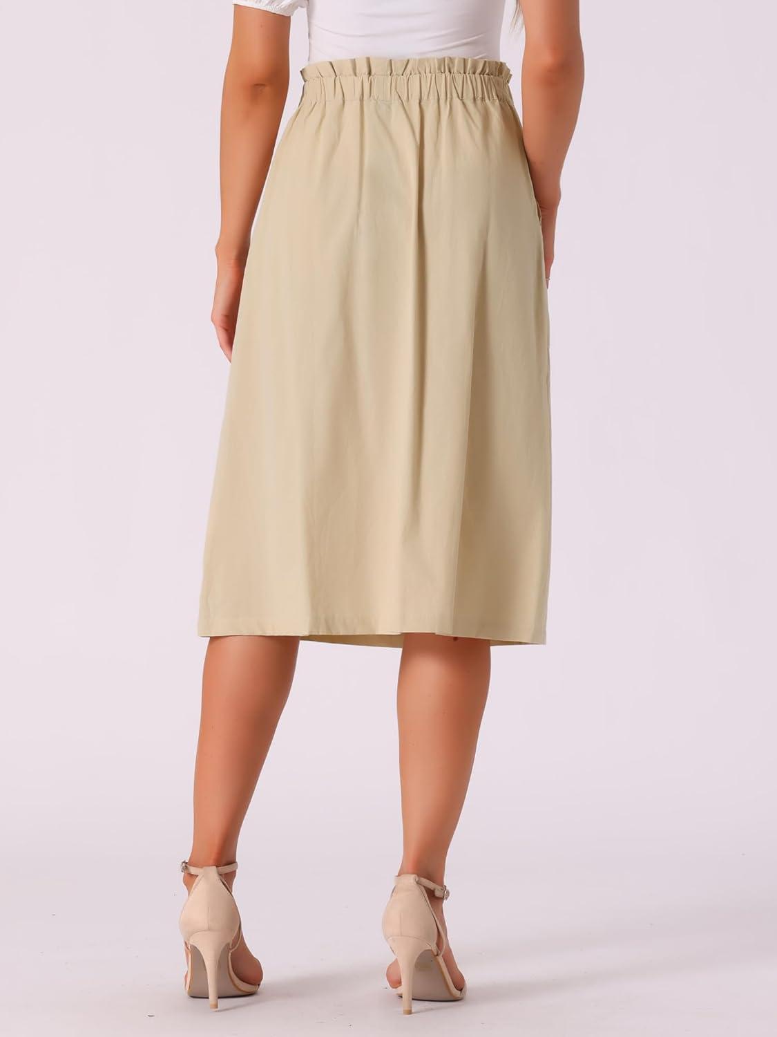 imageAllegra K Womens Cotton ALine Skirt Elastic Waist Casual Peasant Midi Skirts with PocketsKhaki