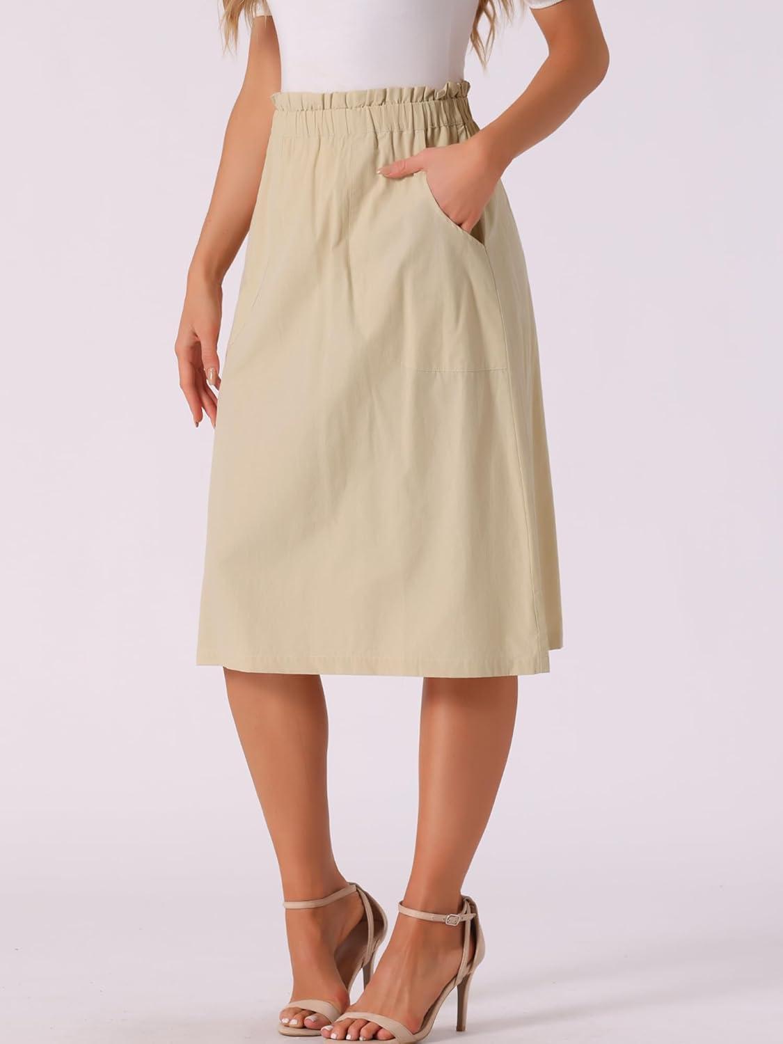 imageAllegra K Womens Cotton ALine Skirt Elastic Waist Casual Peasant Midi Skirts with PocketsKhaki