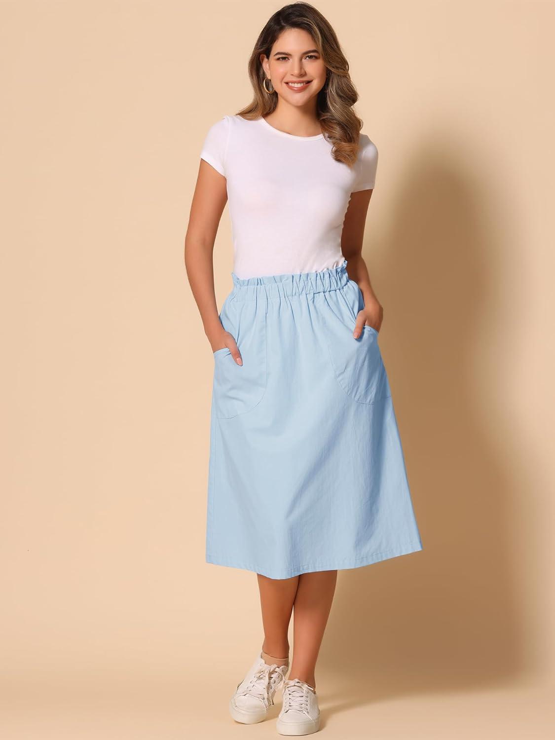 imageAllegra K Womens Cotton ALine Skirt Elastic Waist Casual Peasant Midi Skirts with PocketsLight Blue