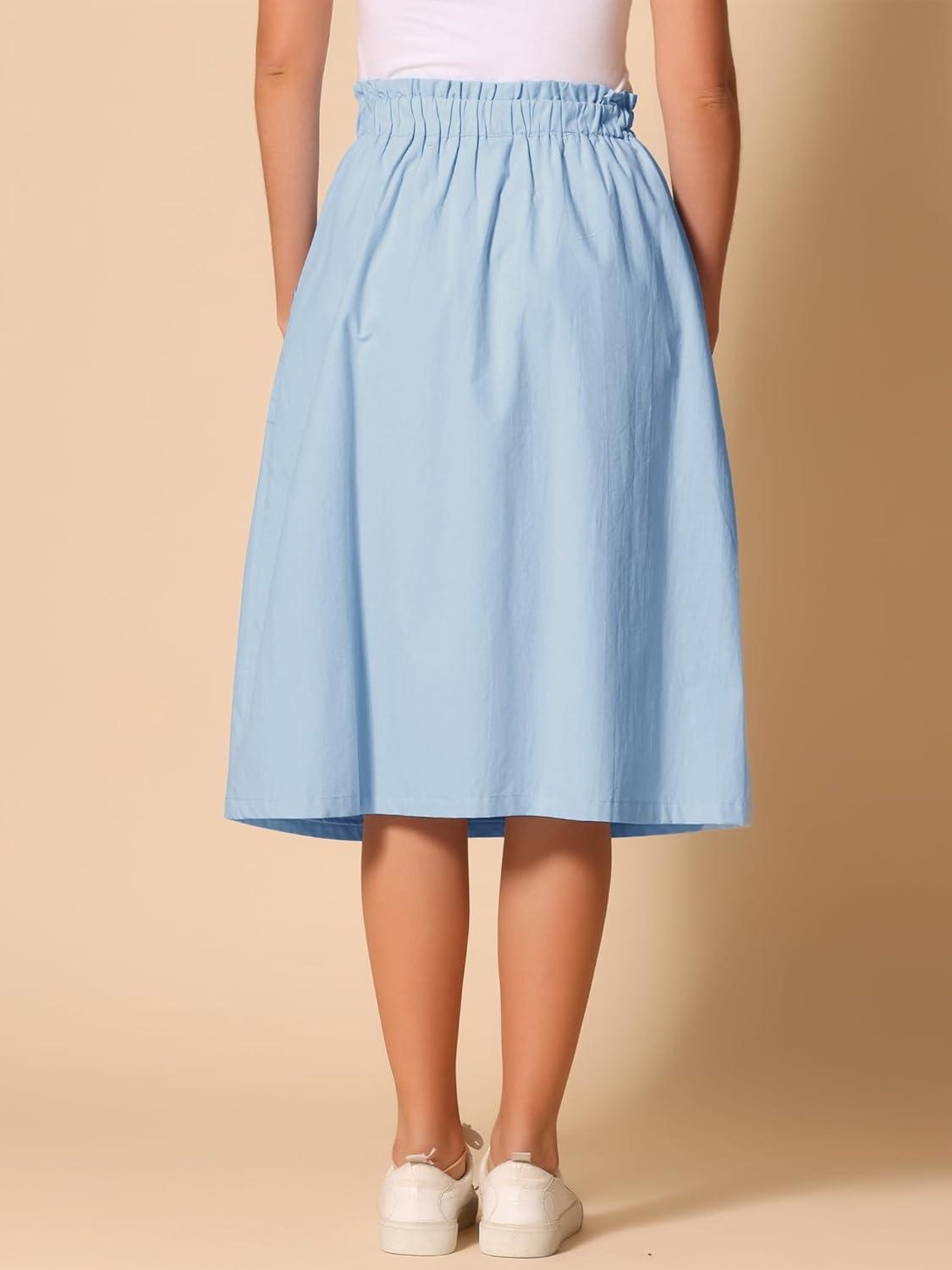 imageAllegra K Womens Cotton ALine Skirt Elastic Waist Casual Peasant Midi Skirts with PocketsLight Blue