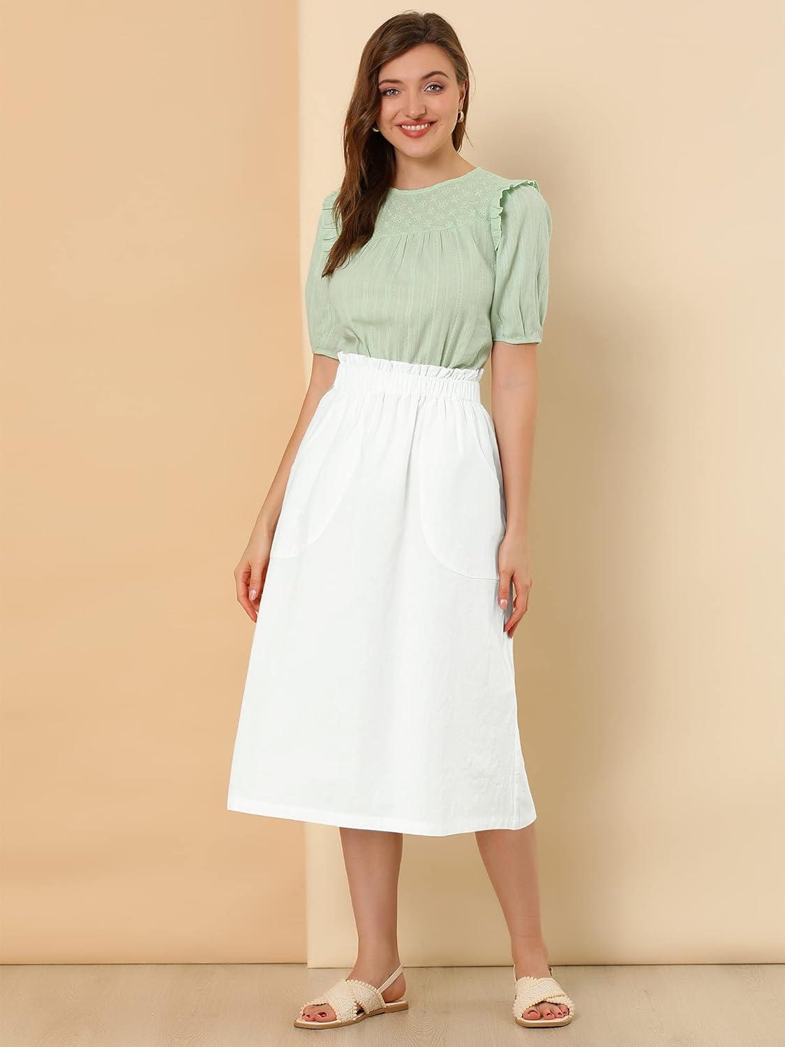 imageAllegra K Womens Cotton ALine Skirt Elastic Waist Casual Peasant Midi Skirts with PocketsWhite