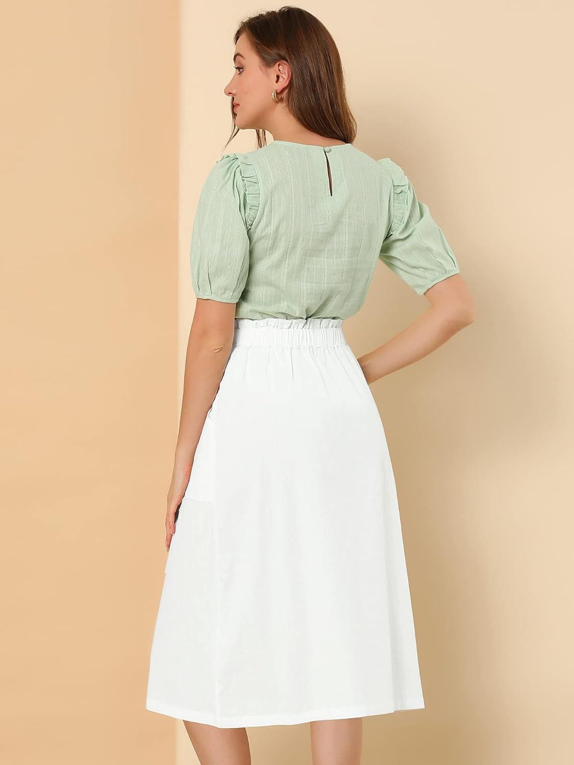 imageAllegra K Womens Cotton ALine Skirt Elastic Waist Casual Peasant Midi Skirts with PocketsWhite