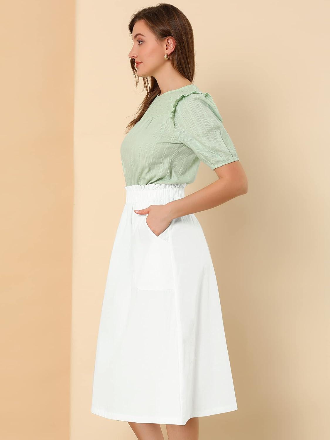 imageAllegra K Womens Cotton ALine Skirt Elastic Waist Casual Peasant Midi Skirts with PocketsWhite