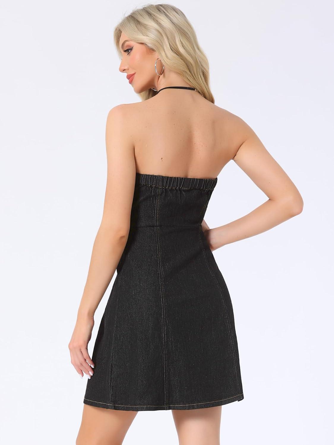 imageAllegra K Womens Cowgirl Dress Strapless Jean Concert Outfits Western Sleeveless Denim DressesBlack
